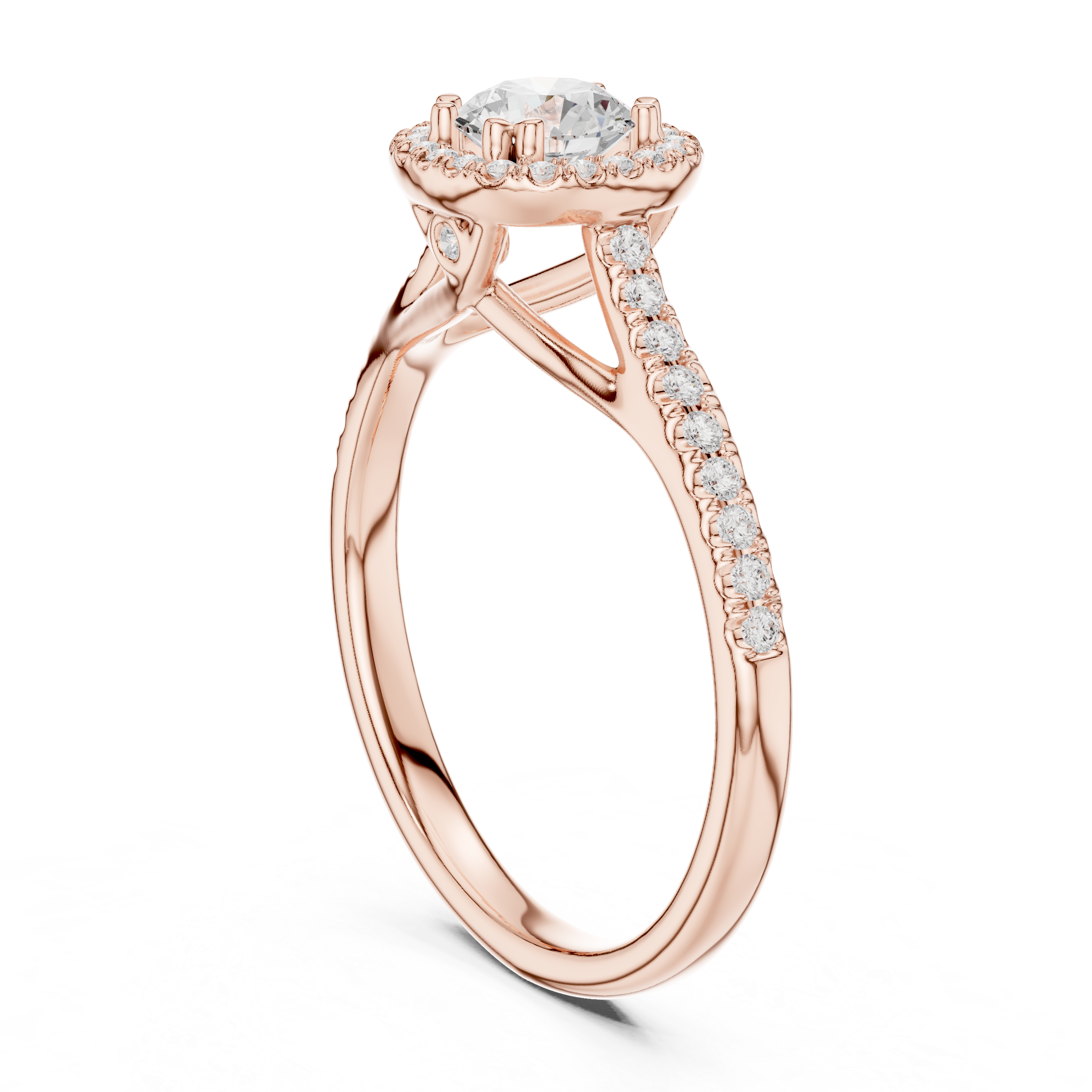 Split Shank Engagement Ring with Pav? Diamonds and Halo Setting