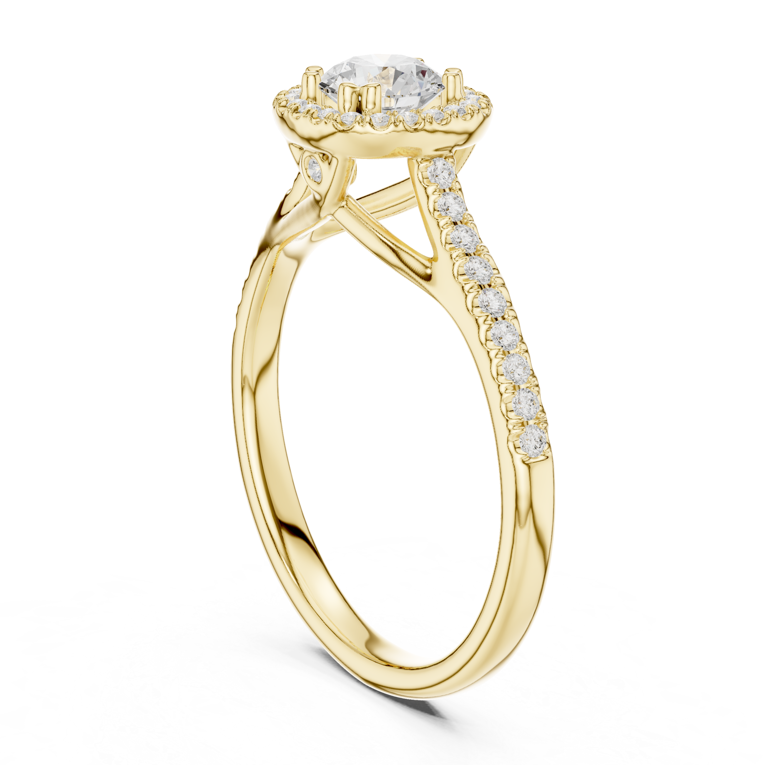 Split Shank Engagement Ring with Pav? Diamonds and Halo Setting