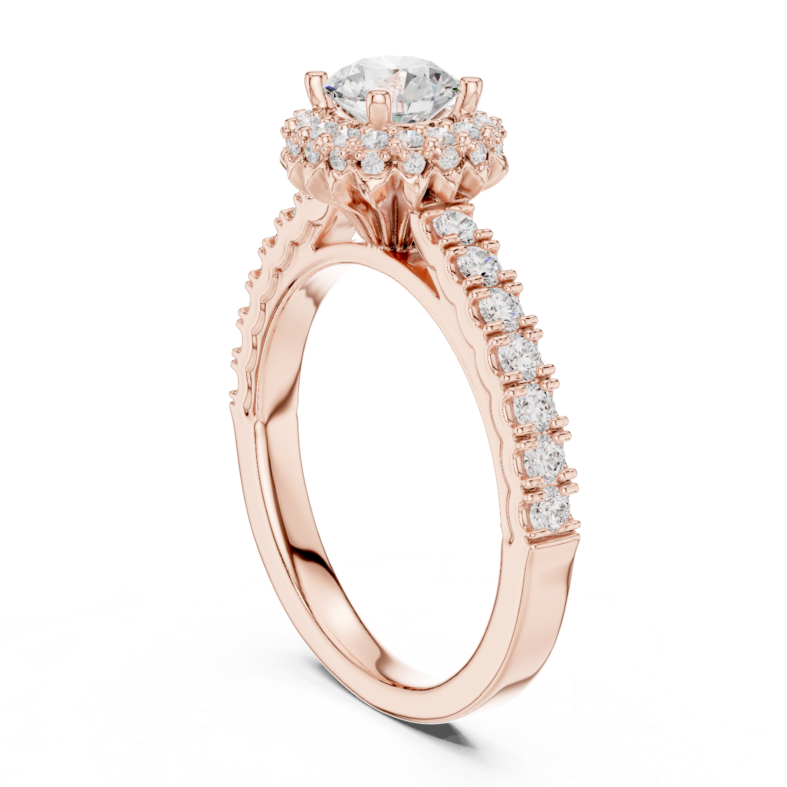 Halo Engagement Ring with Pav? Diamond Band and Scalloped Edge Detailing