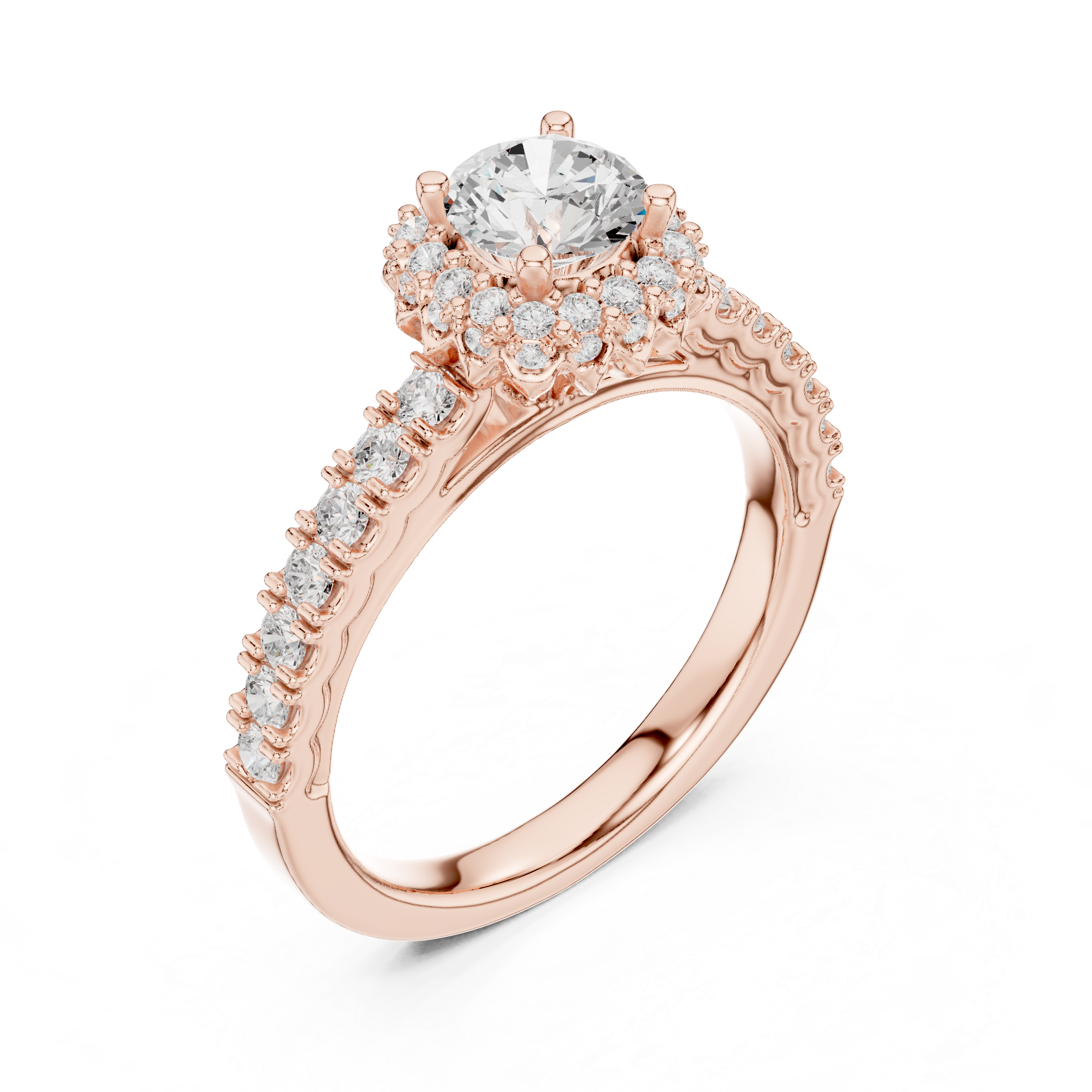 Halo Engagement Ring with Pav? Diamond Band and Scalloped Edge Detailing