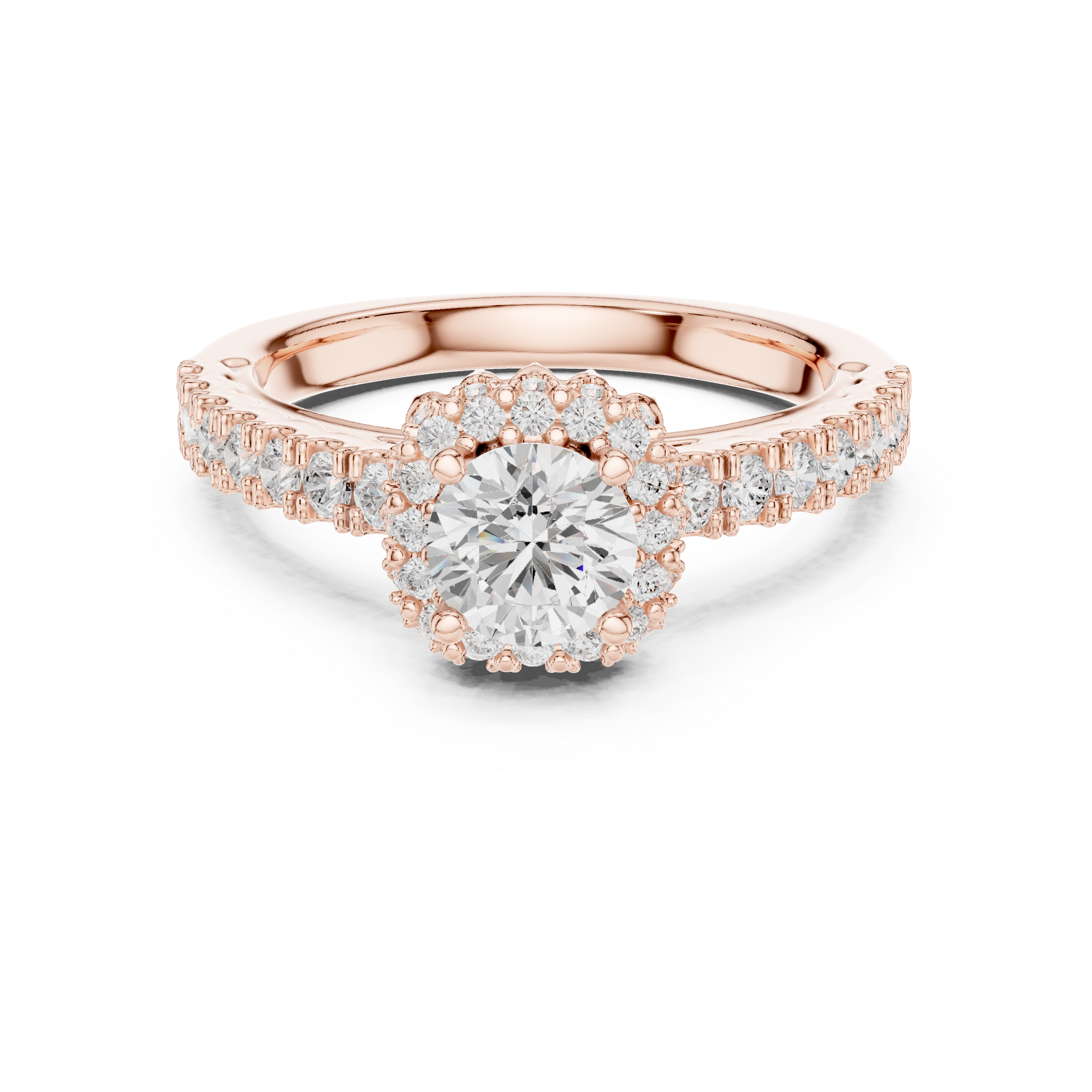 Halo Engagement Ring with Pav? Diamond Band and Scalloped Edge Detailing