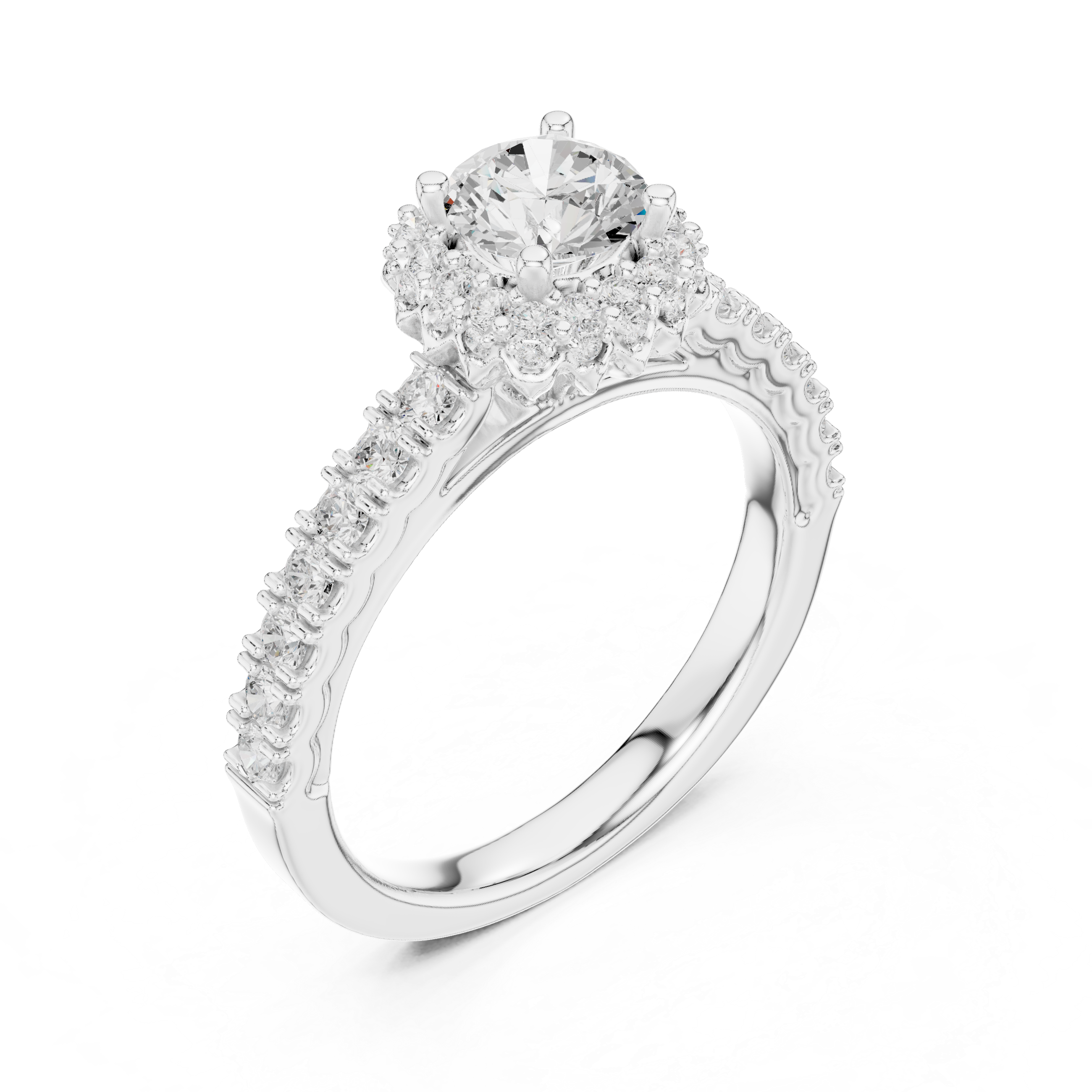 Halo Engagement Ring with Pav? Diamond Band and Scalloped Edge Detailing