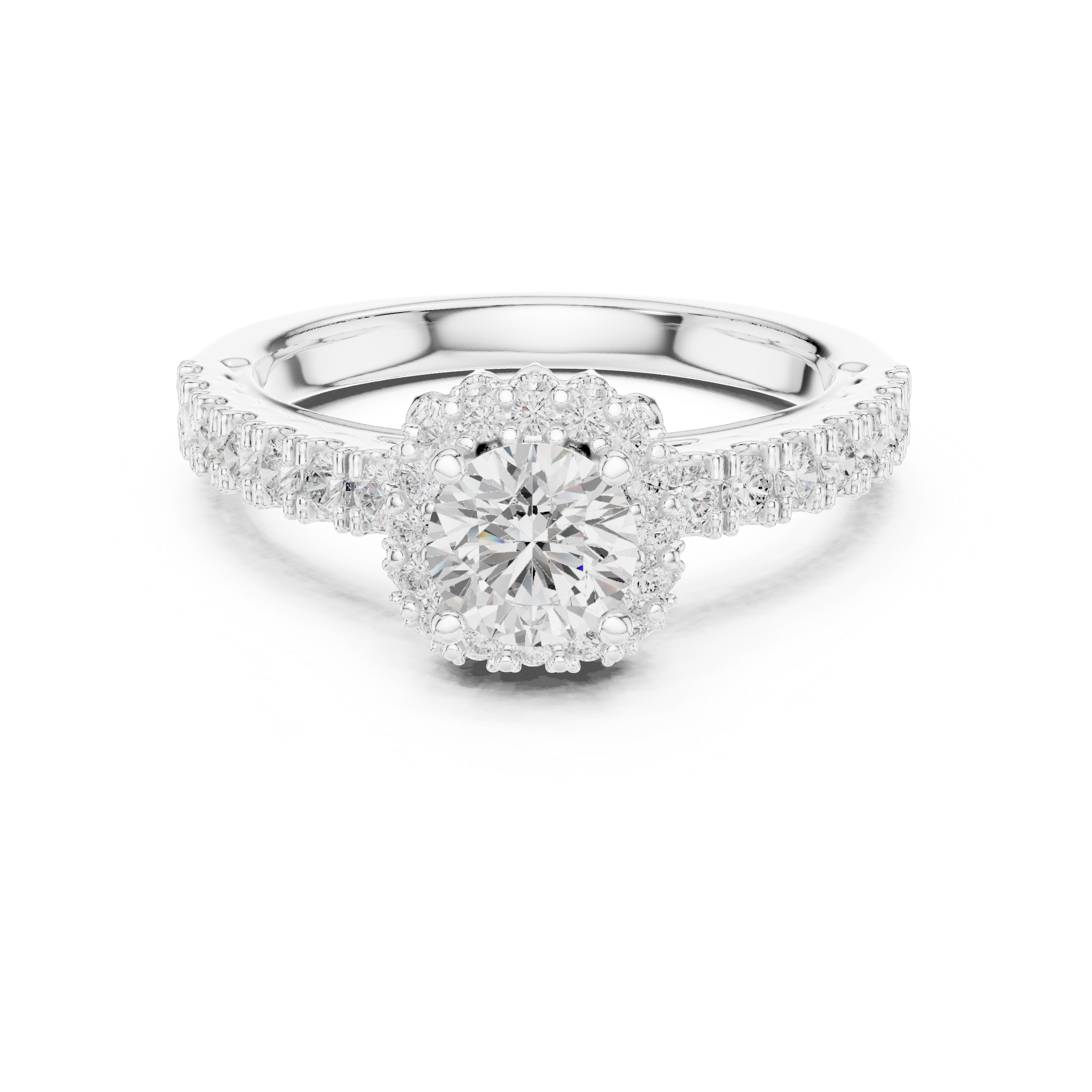 Halo Engagement Ring with Pav? Diamond Band and Scalloped Edge Detailing