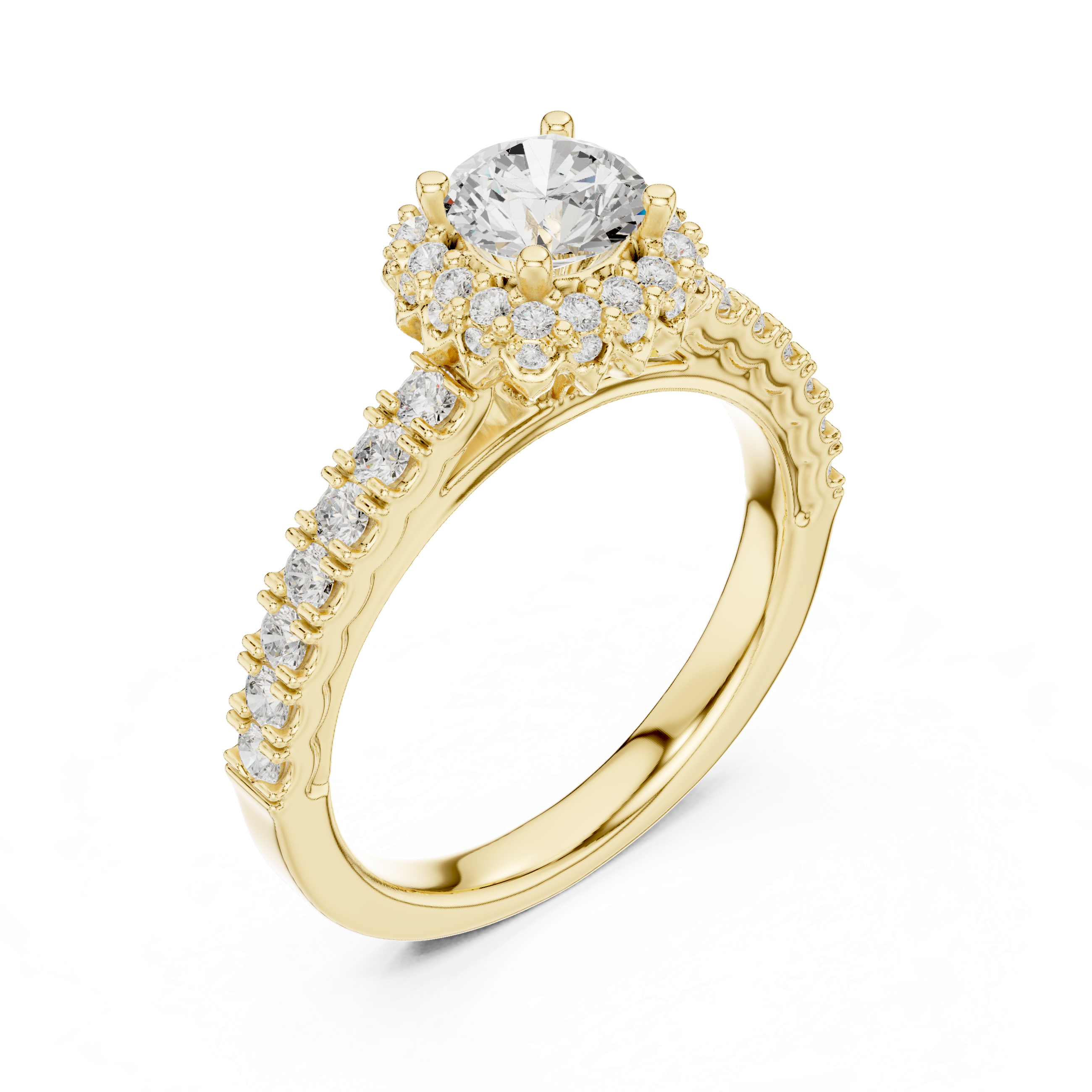 Halo Engagement Ring with Pav? Diamond Band and Scalloped Edge Detailing