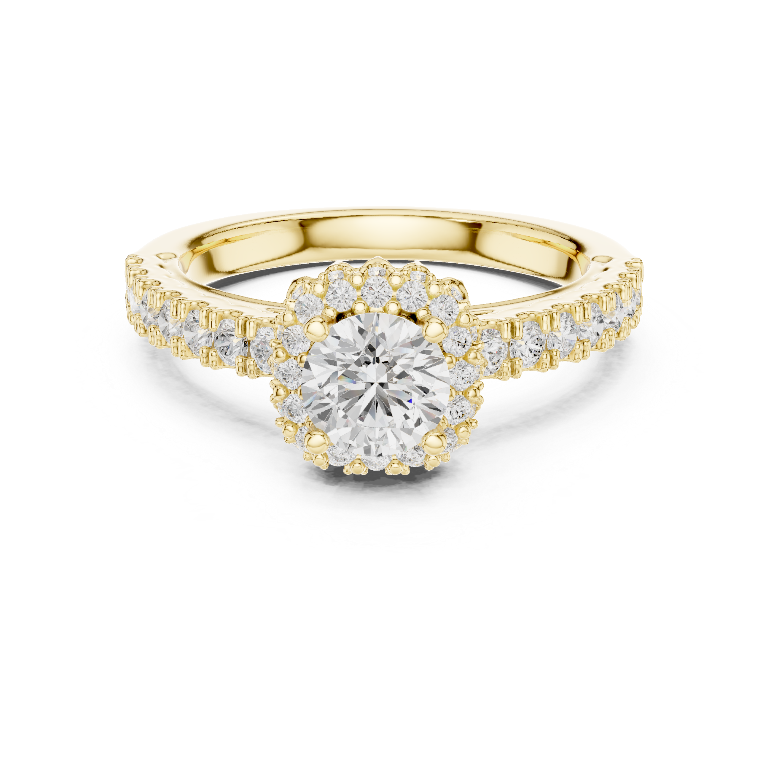 Halo Engagement Ring with Pav? Diamond Band and Scalloped Edge Detailing