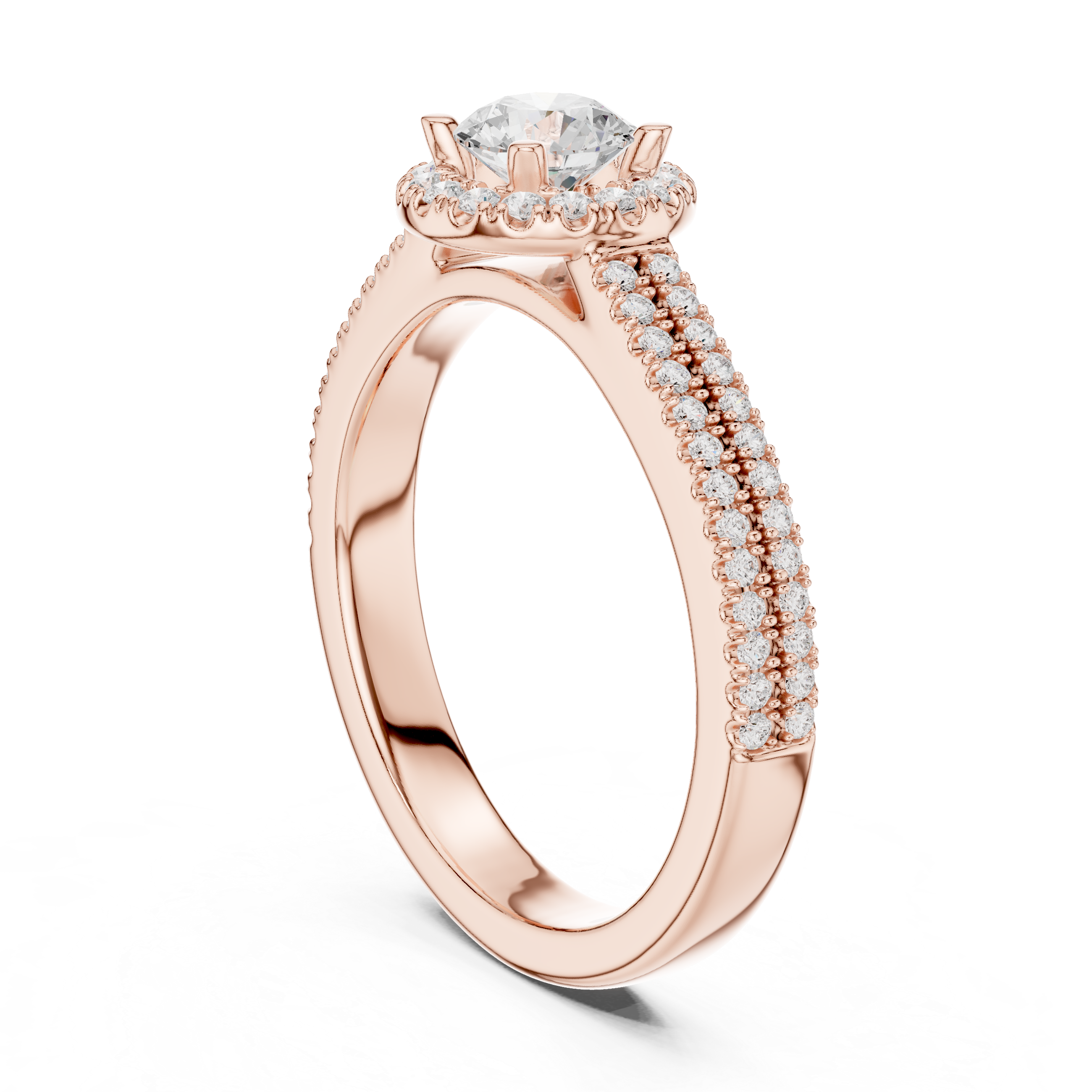 Double Band Engagement Ring with Diamond Halo and Prong-Set