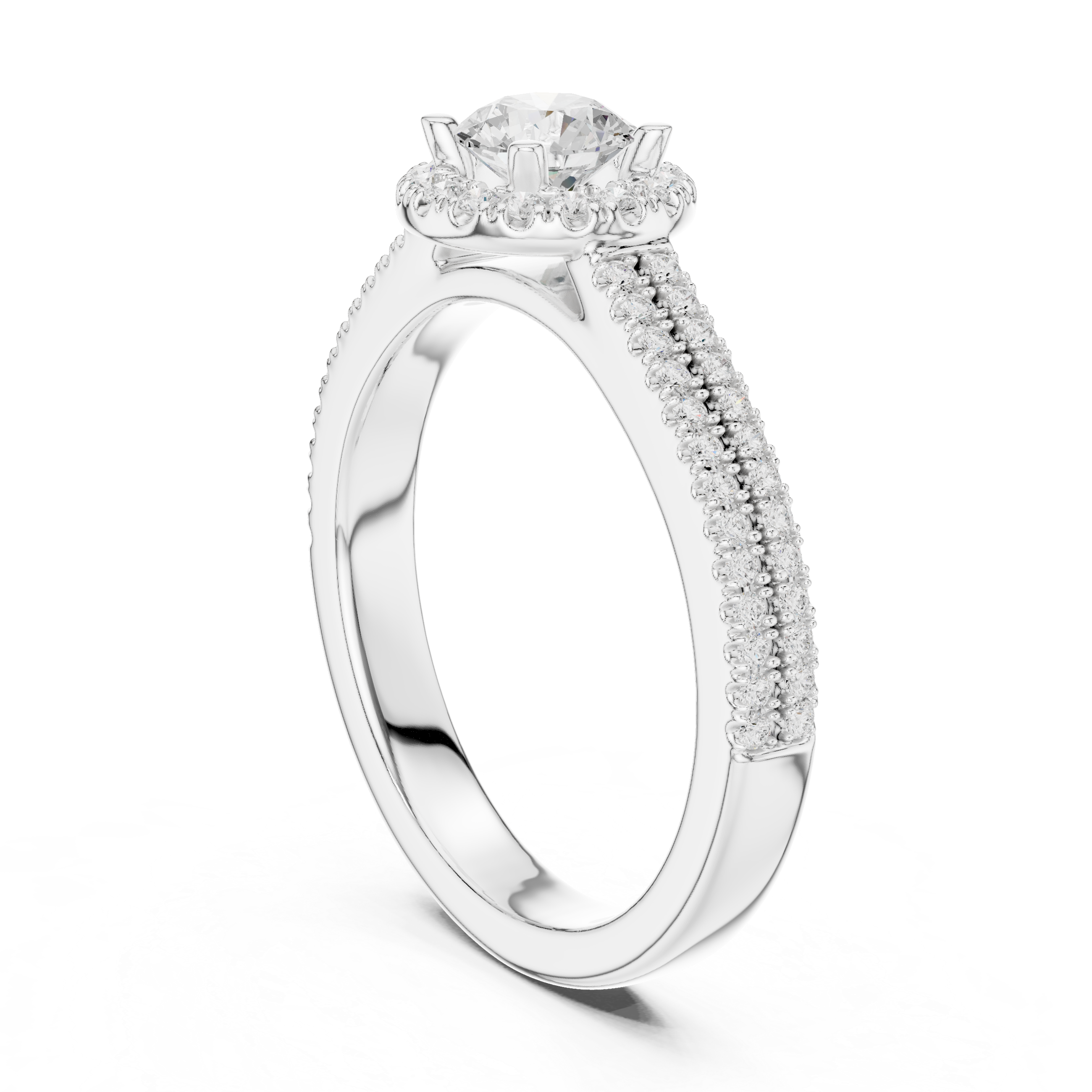 Double Band Engagement Ring with Diamond Halo and Prong-Set