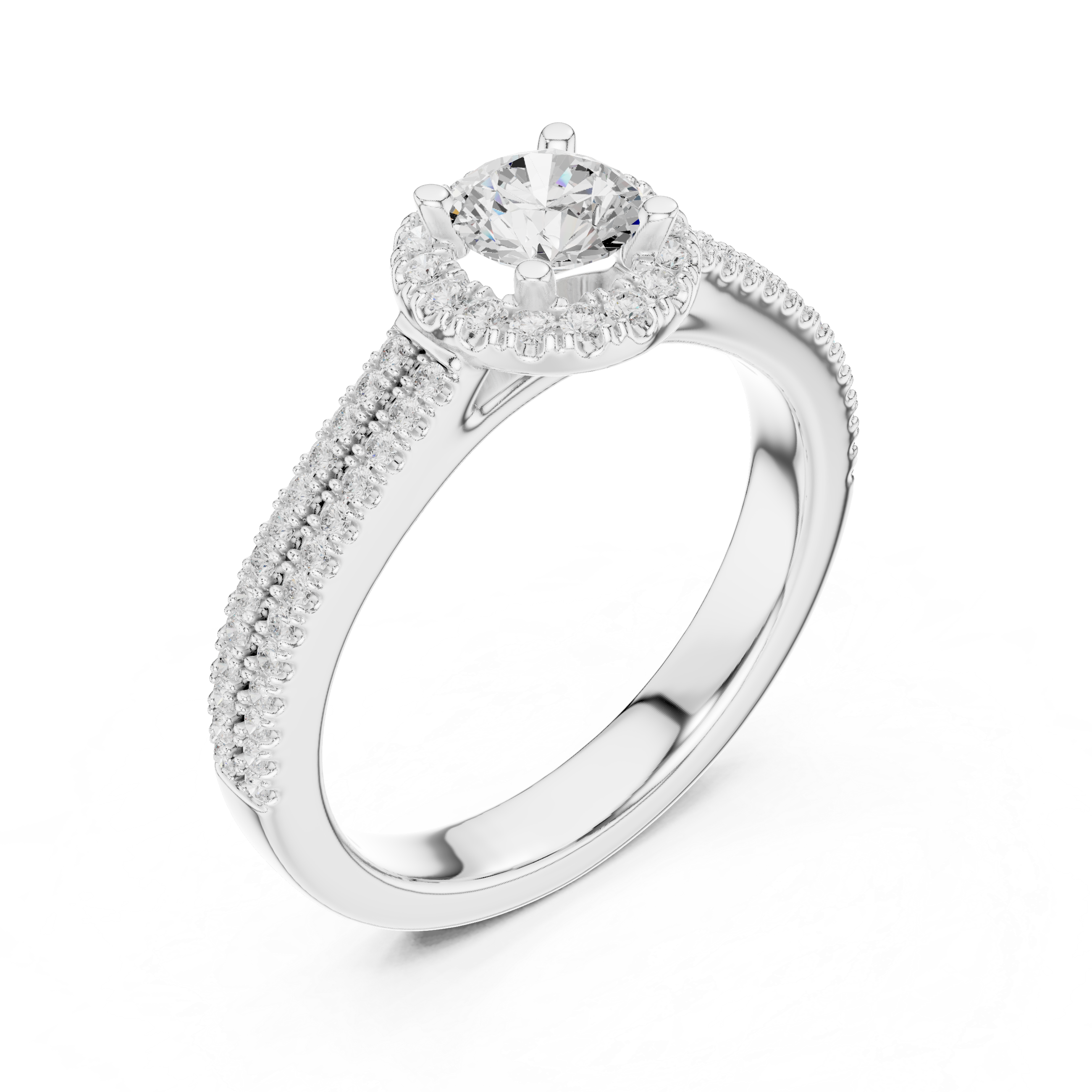 Double Band Engagement Ring with Diamond Halo and Prong-Set