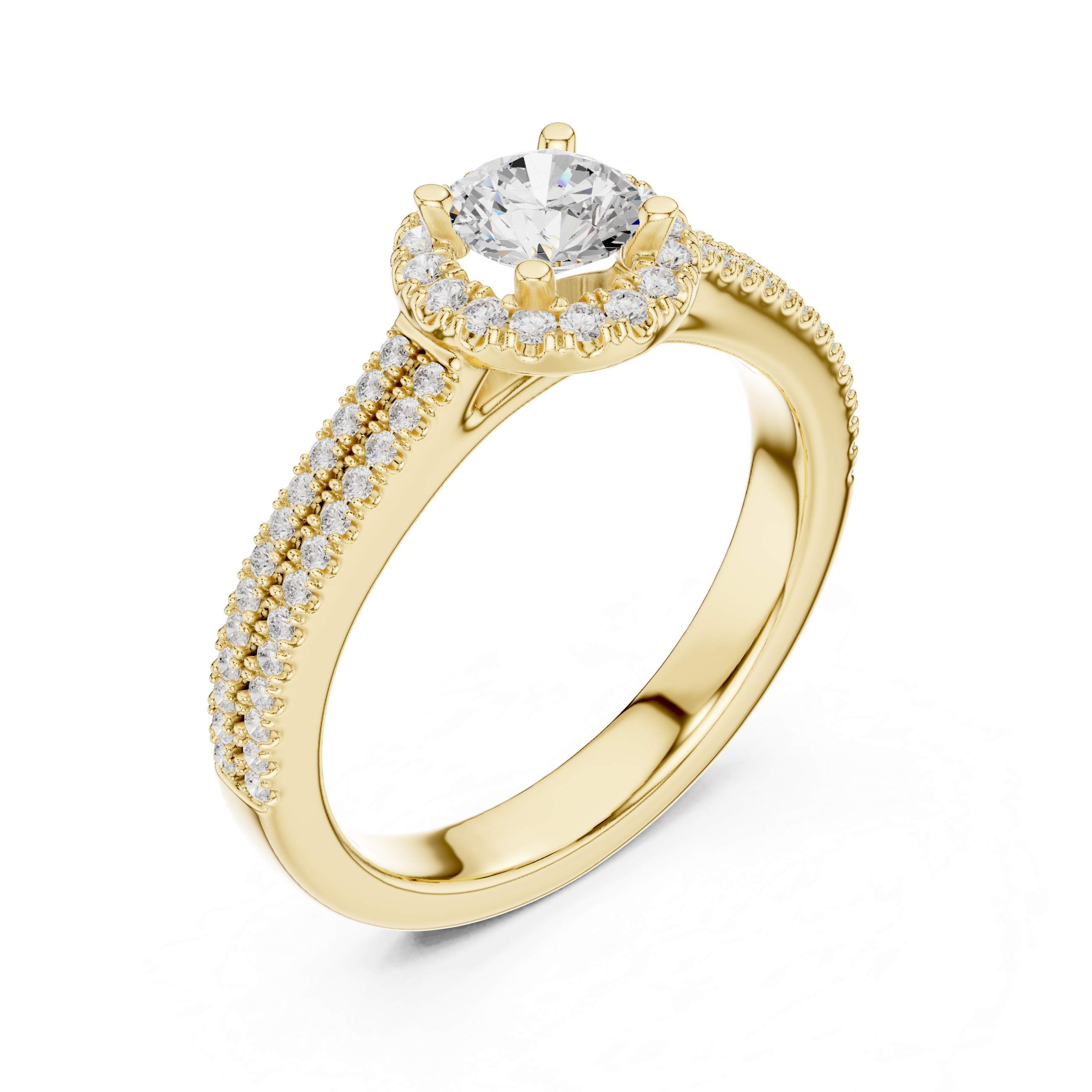 Double Band Engagement Ring with Diamond Halo and Prong-Set