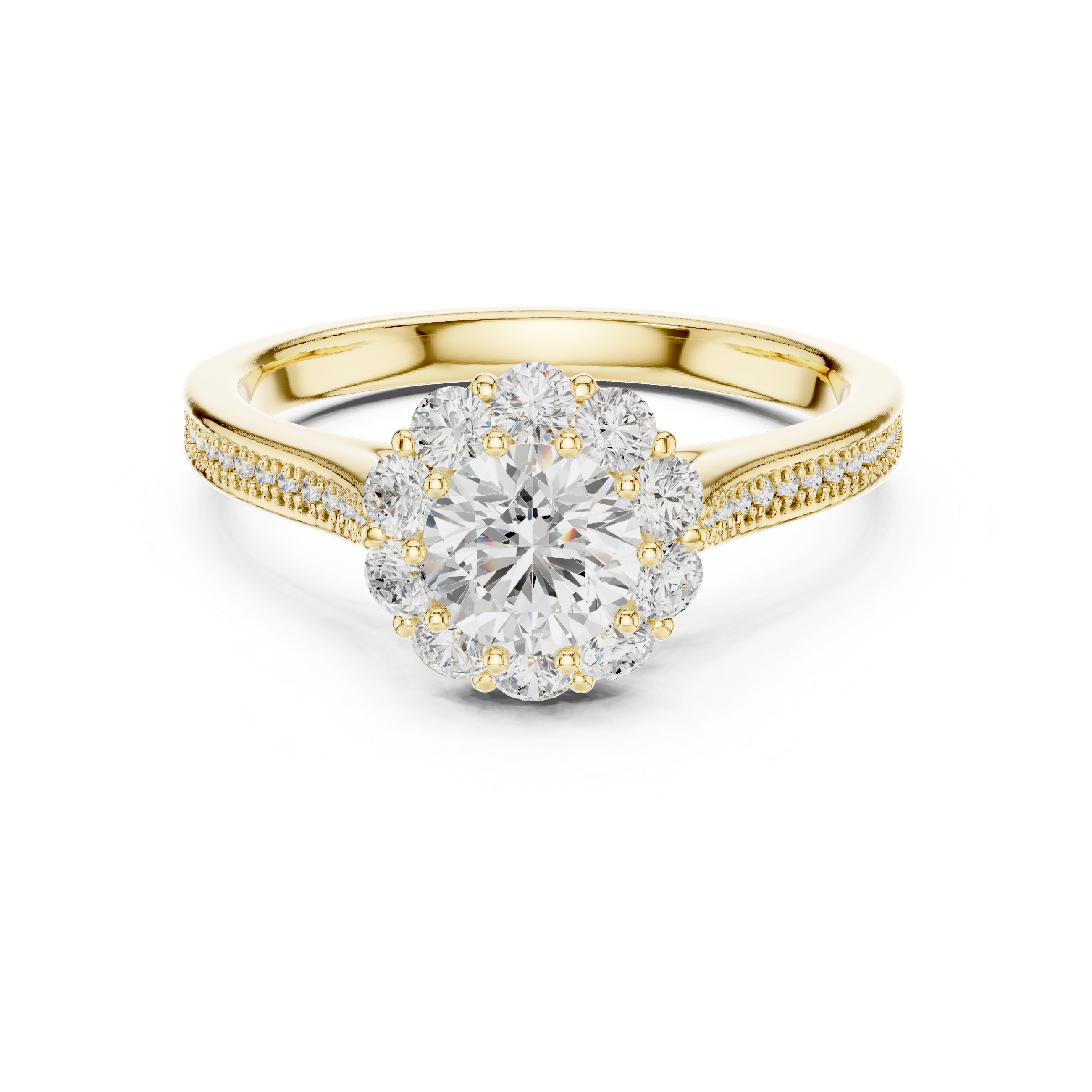 Engagement Ring with Round Cluster Halo and Pav? Diamond Band
