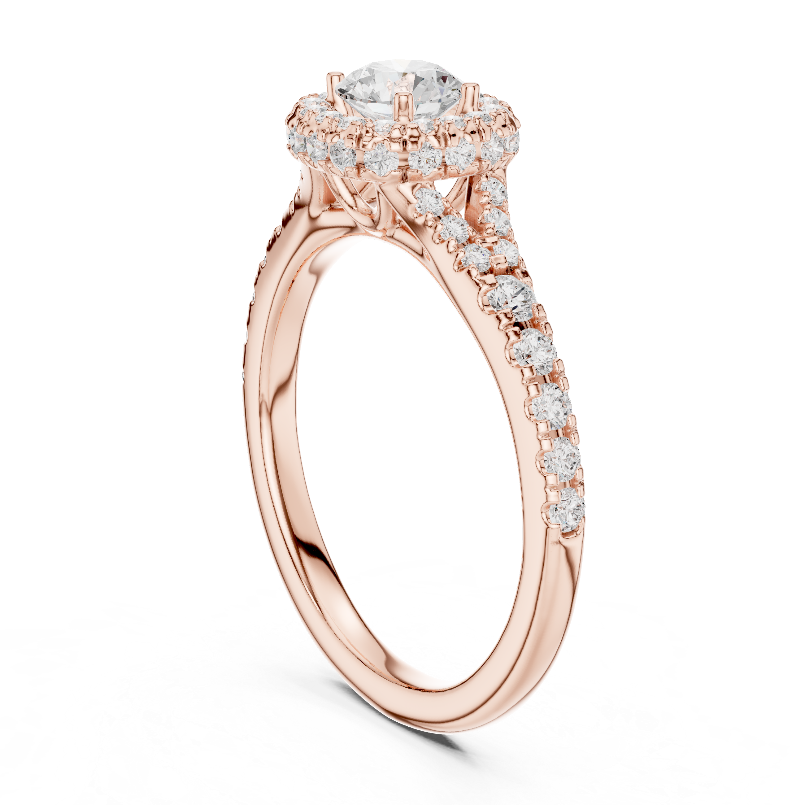 Diamond Halo Engagement Ring with Pave-Set Band.