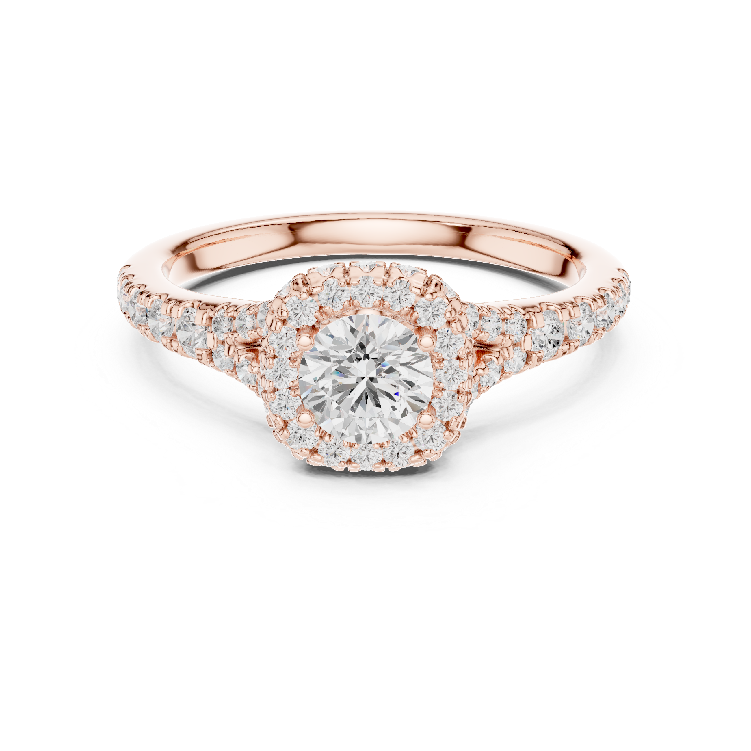 Diamond Halo Engagement Ring with Pave-Set Band.