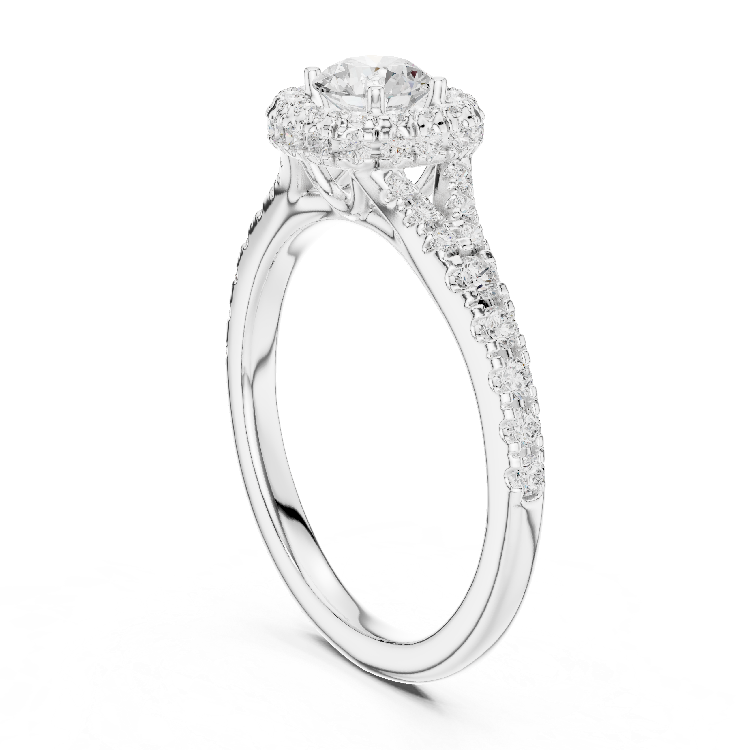 Diamond Halo Engagement Ring with Pave-Set Band.