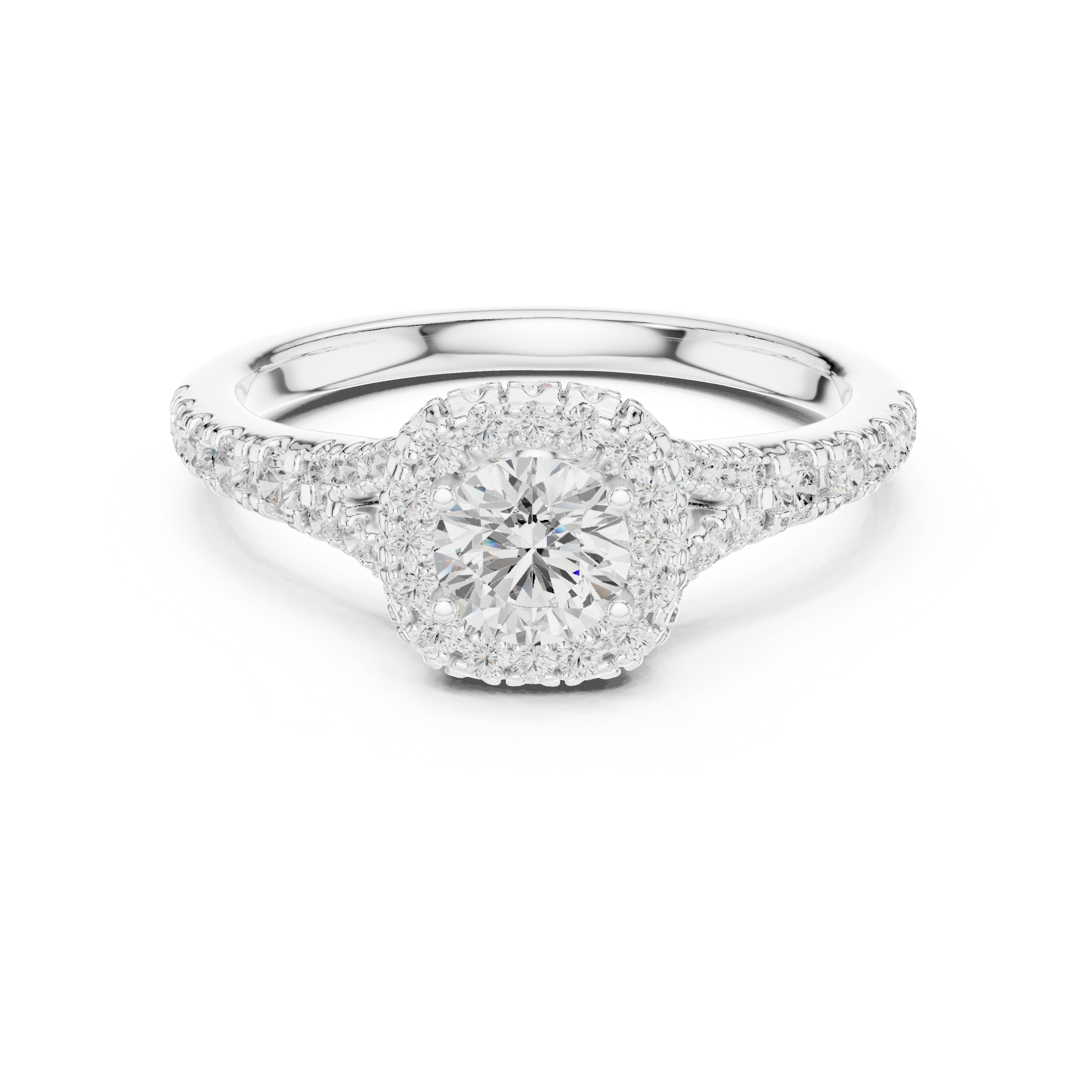 Diamond Halo Engagement Ring with Pave-Set Band.