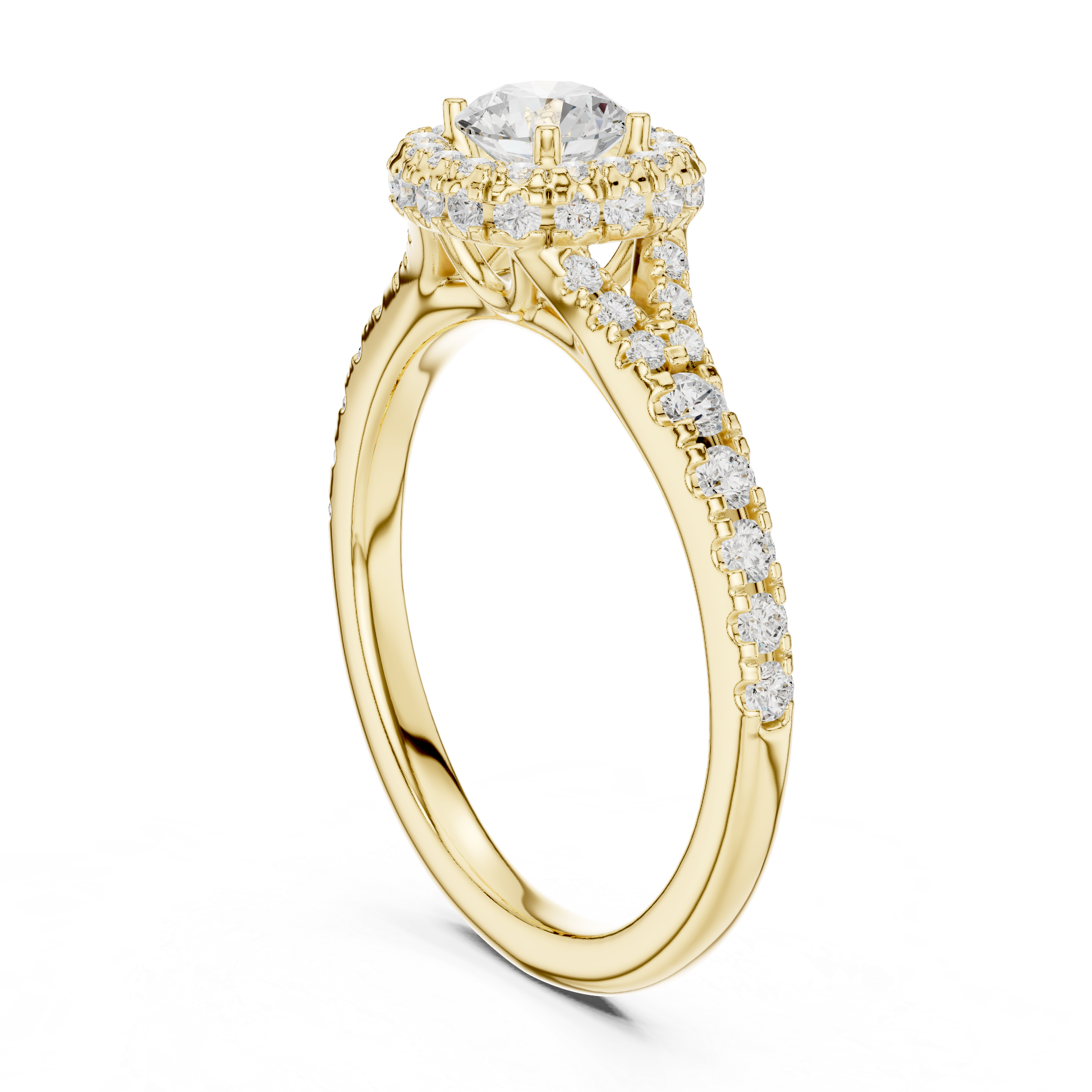 Diamond Halo Engagement Ring with Pave-Set Band.