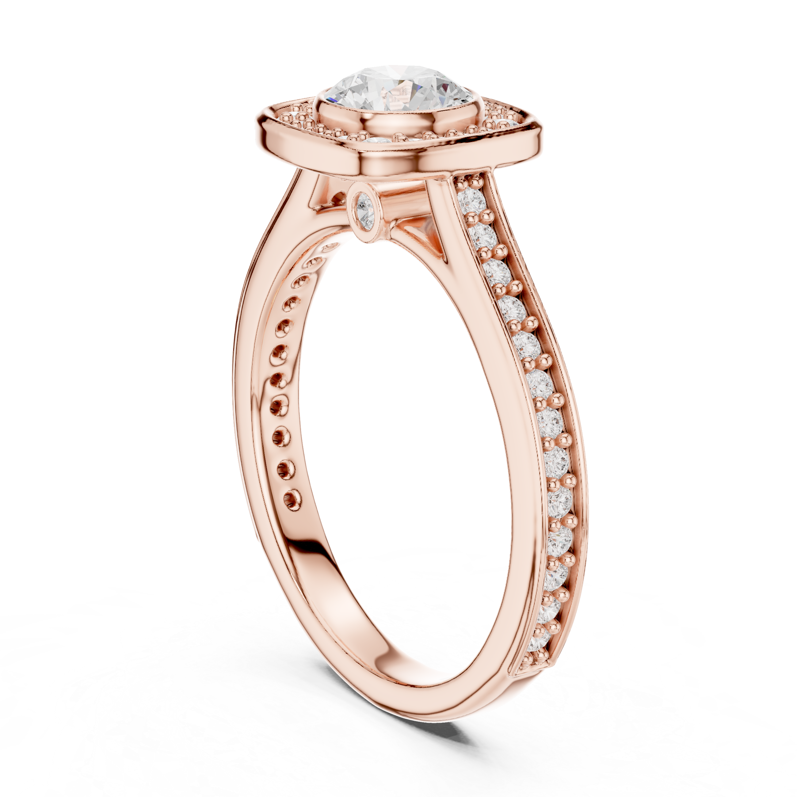 Bezel-Set Diamond Halo Engagement Ring with Channel-Set Band.