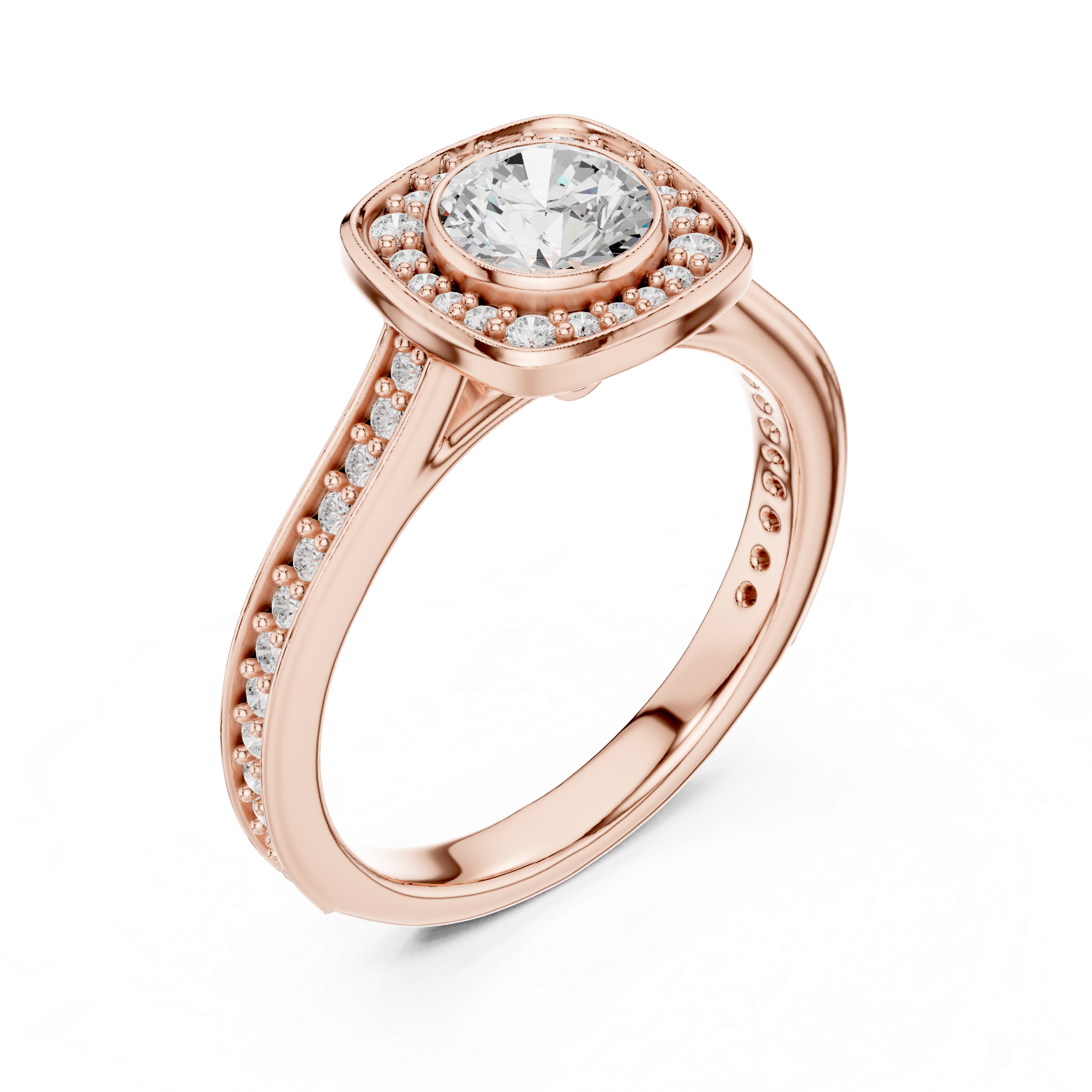 Bezel-Set Diamond Halo Engagement Ring with Channel-Set Band.