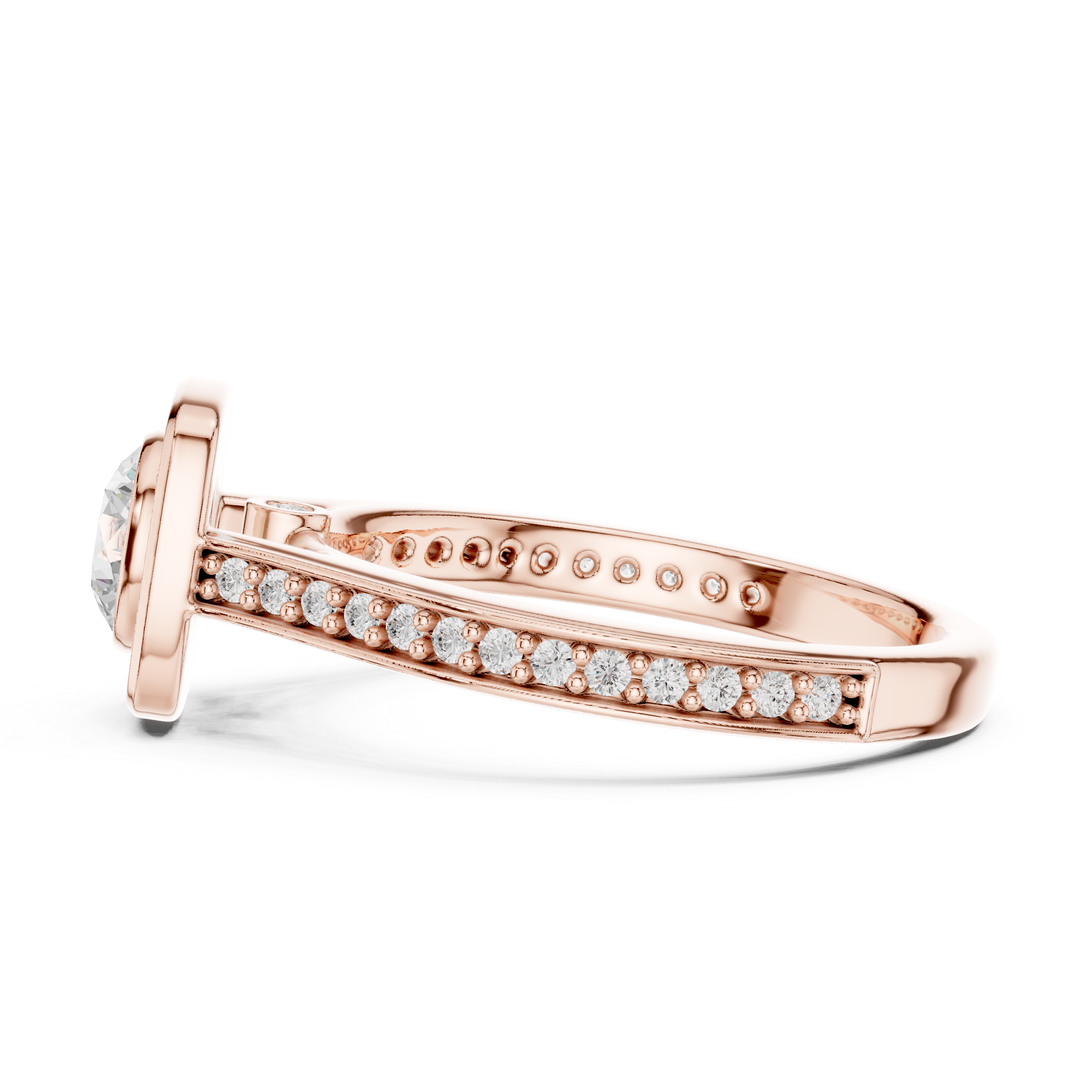 Bezel-Set Diamond Halo Engagement Ring with Channel-Set Band.