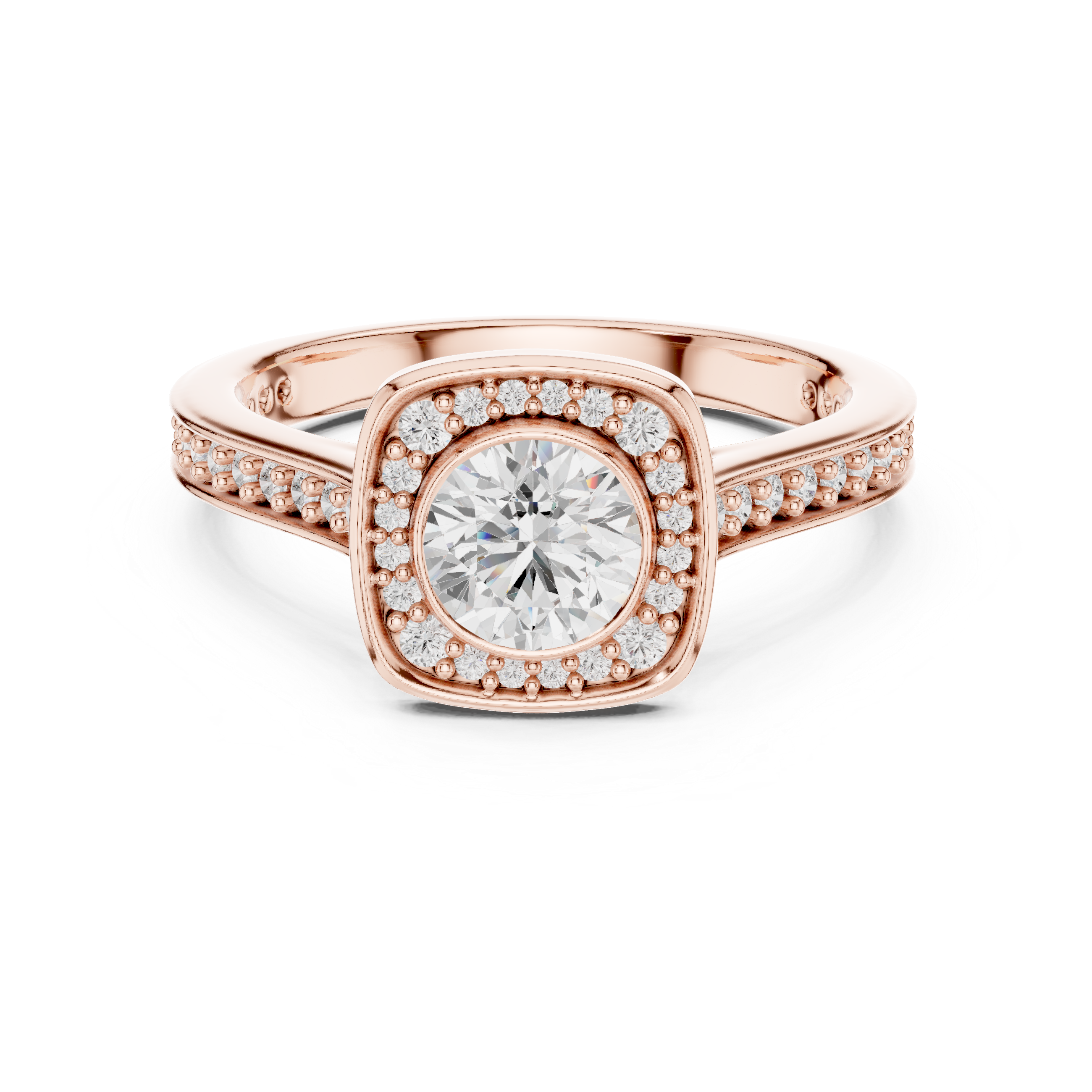 Bezel-Set Diamond Halo Engagement Ring with Channel-Set Band.