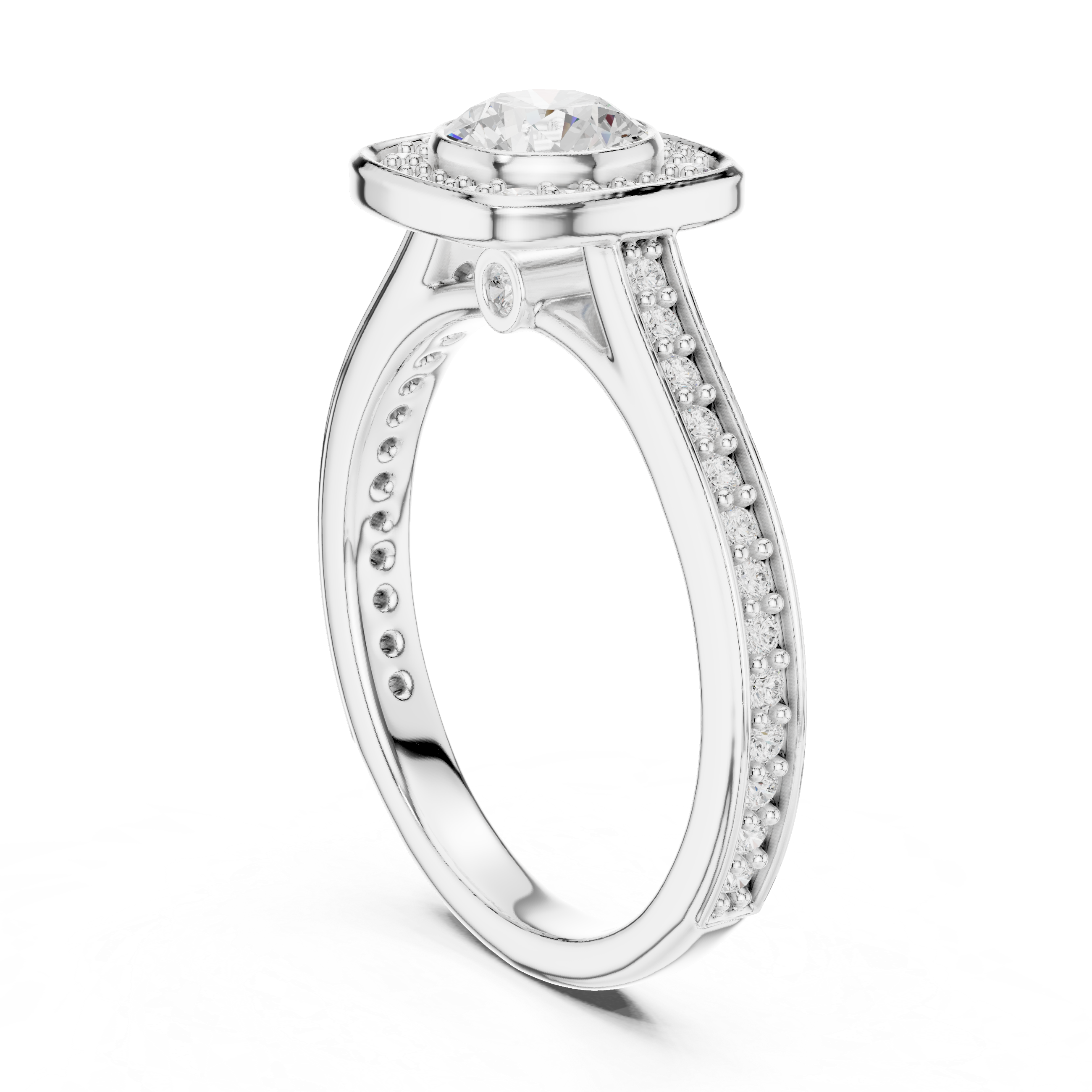 Bezel-Set Diamond Halo Engagement Ring with Channel-Set Band.
