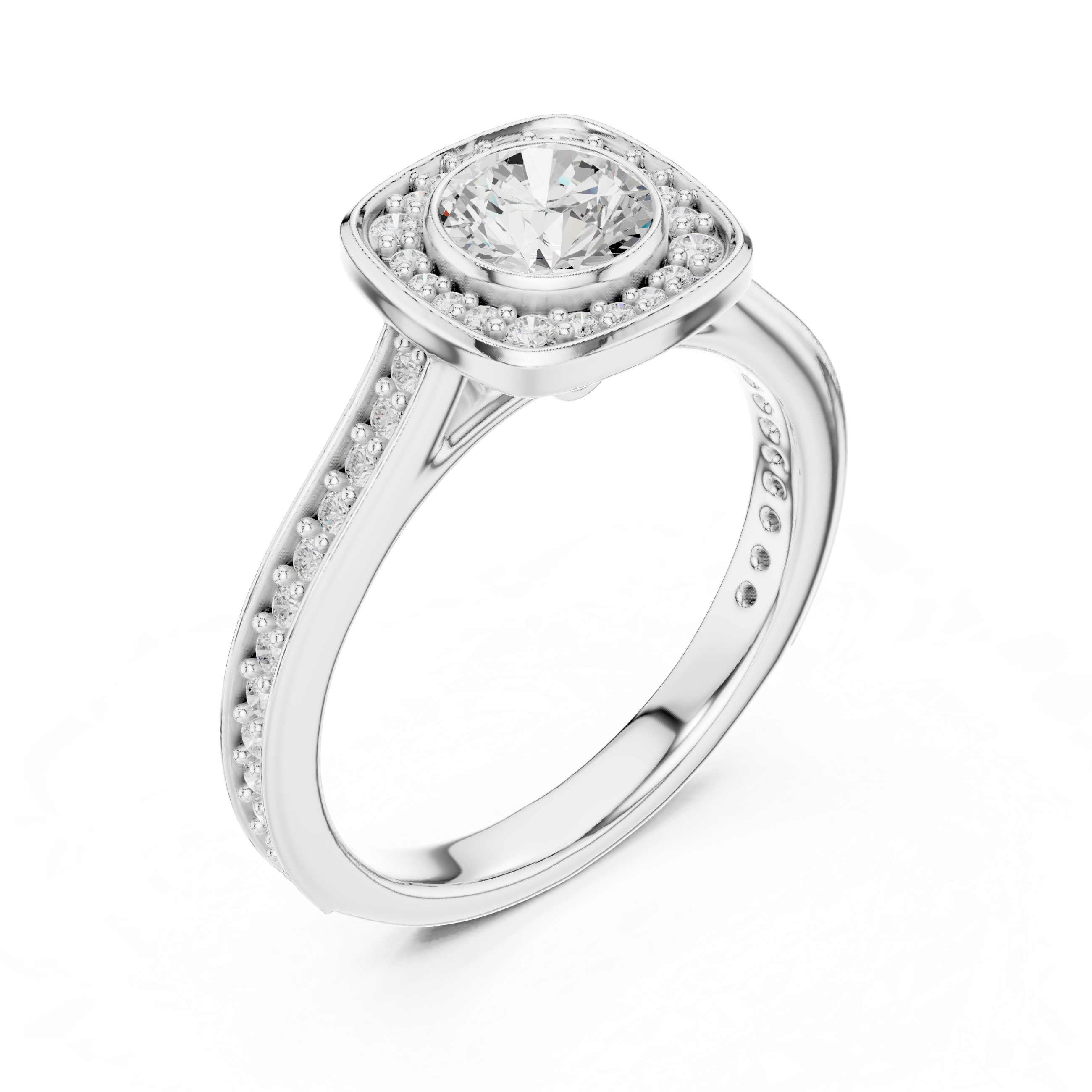 Bezel-Set Diamond Halo Engagement Ring with Channel-Set Band.
