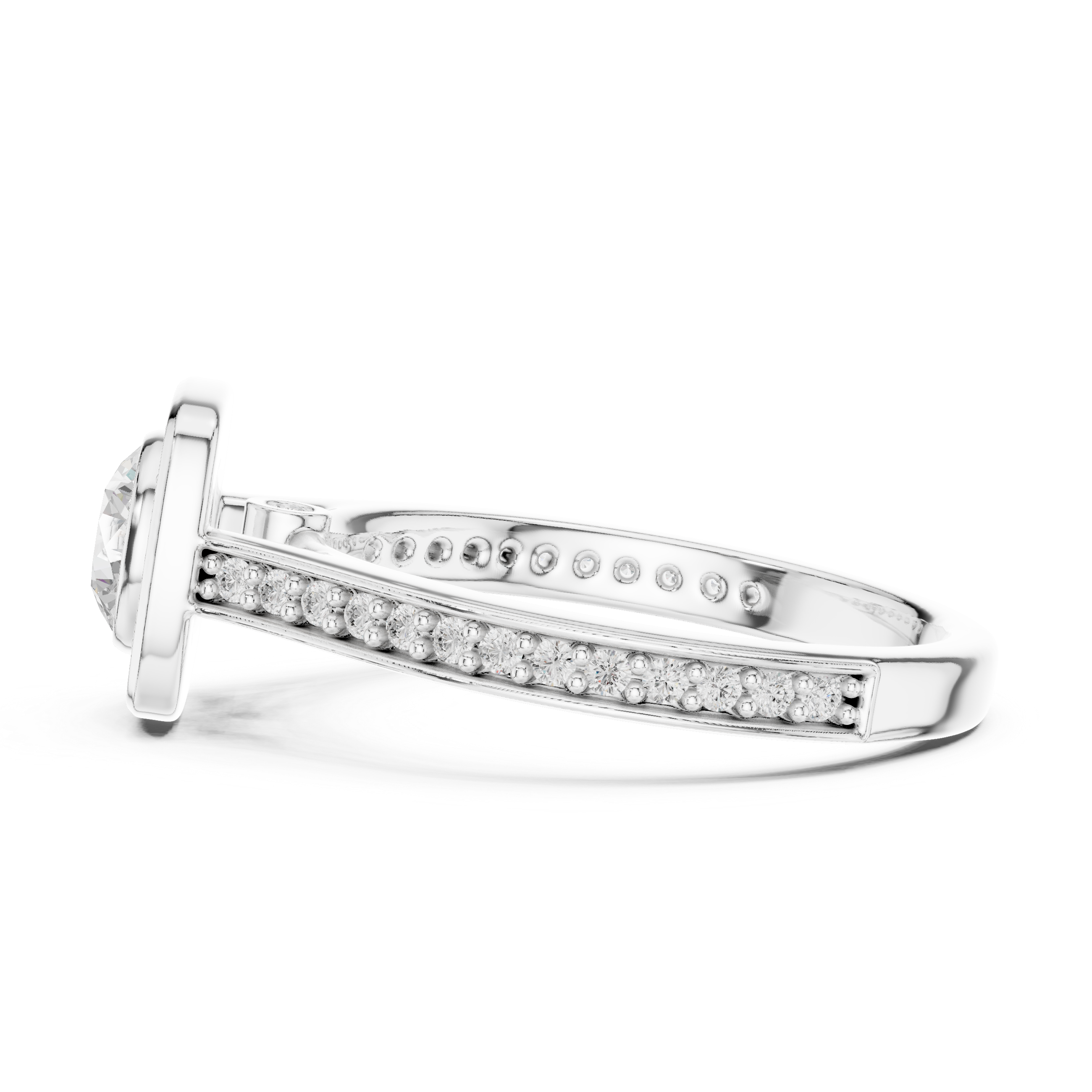 Bezel-Set Diamond Halo Engagement Ring with Channel-Set Band.