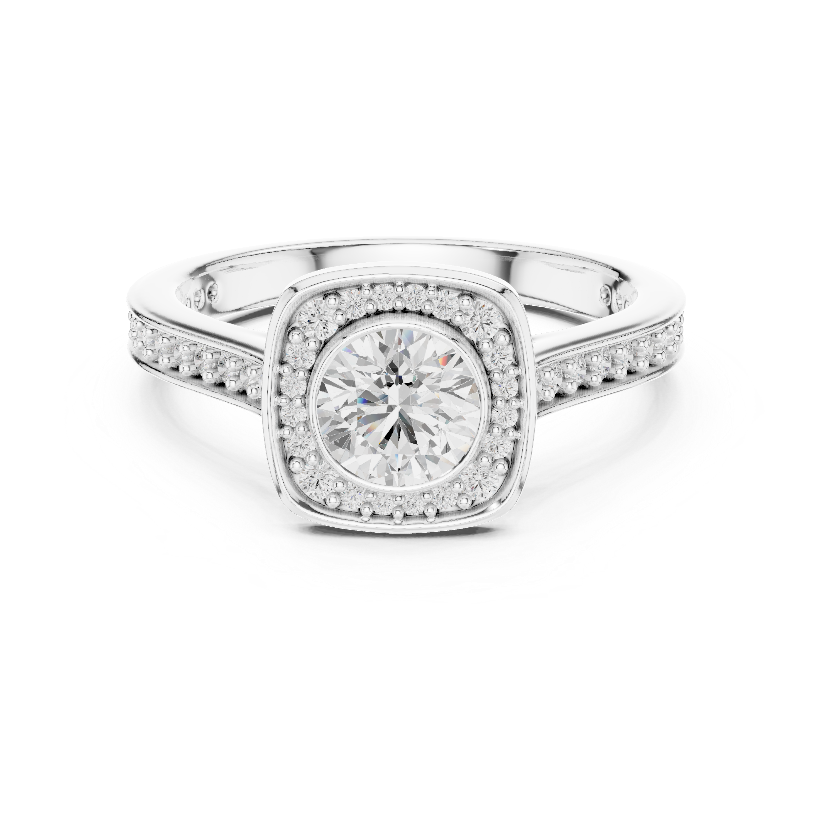 Bezel-Set Diamond Halo Engagement Ring with Channel-Set Band.