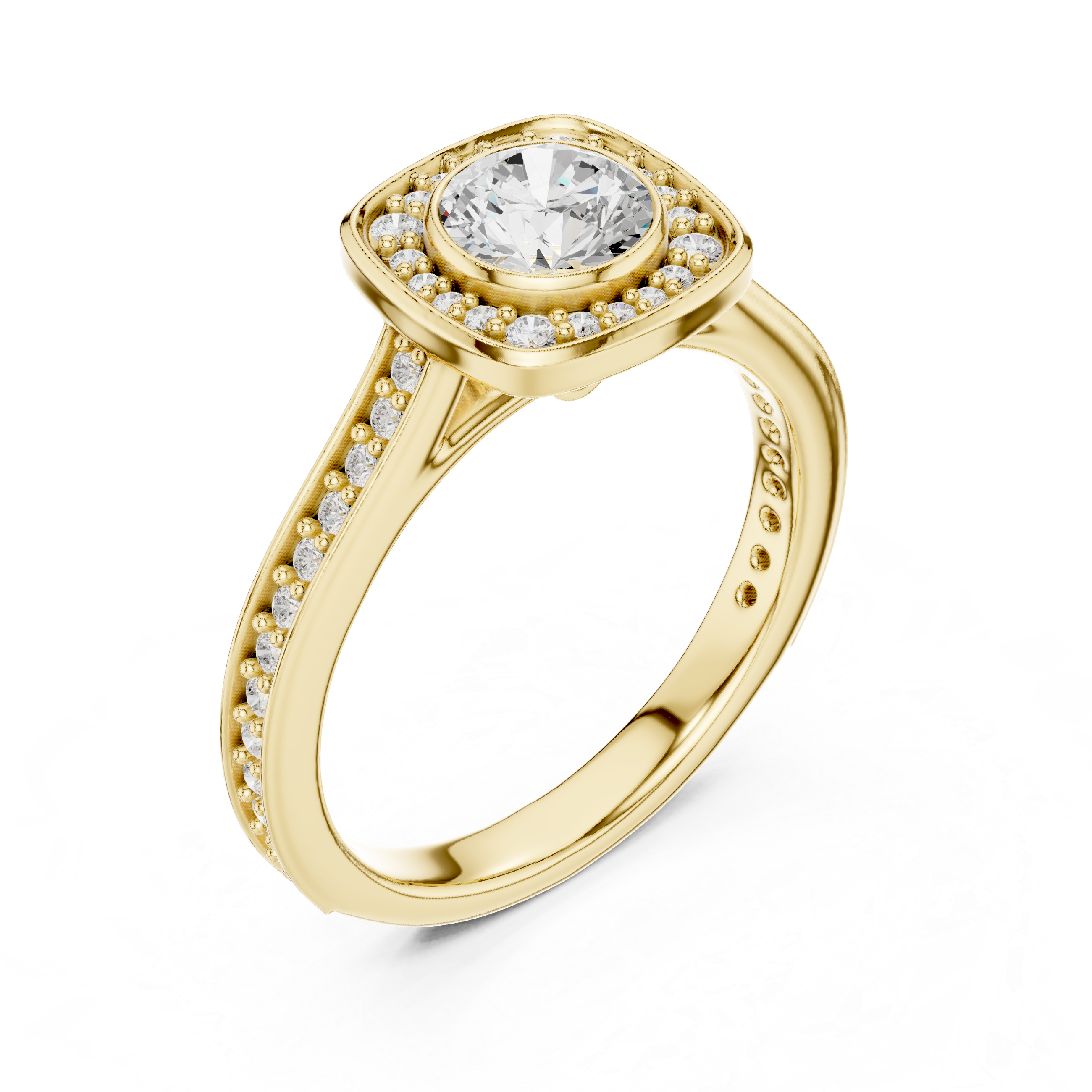 Bezel-Set Diamond Halo Engagement Ring with Channel-Set Band.
