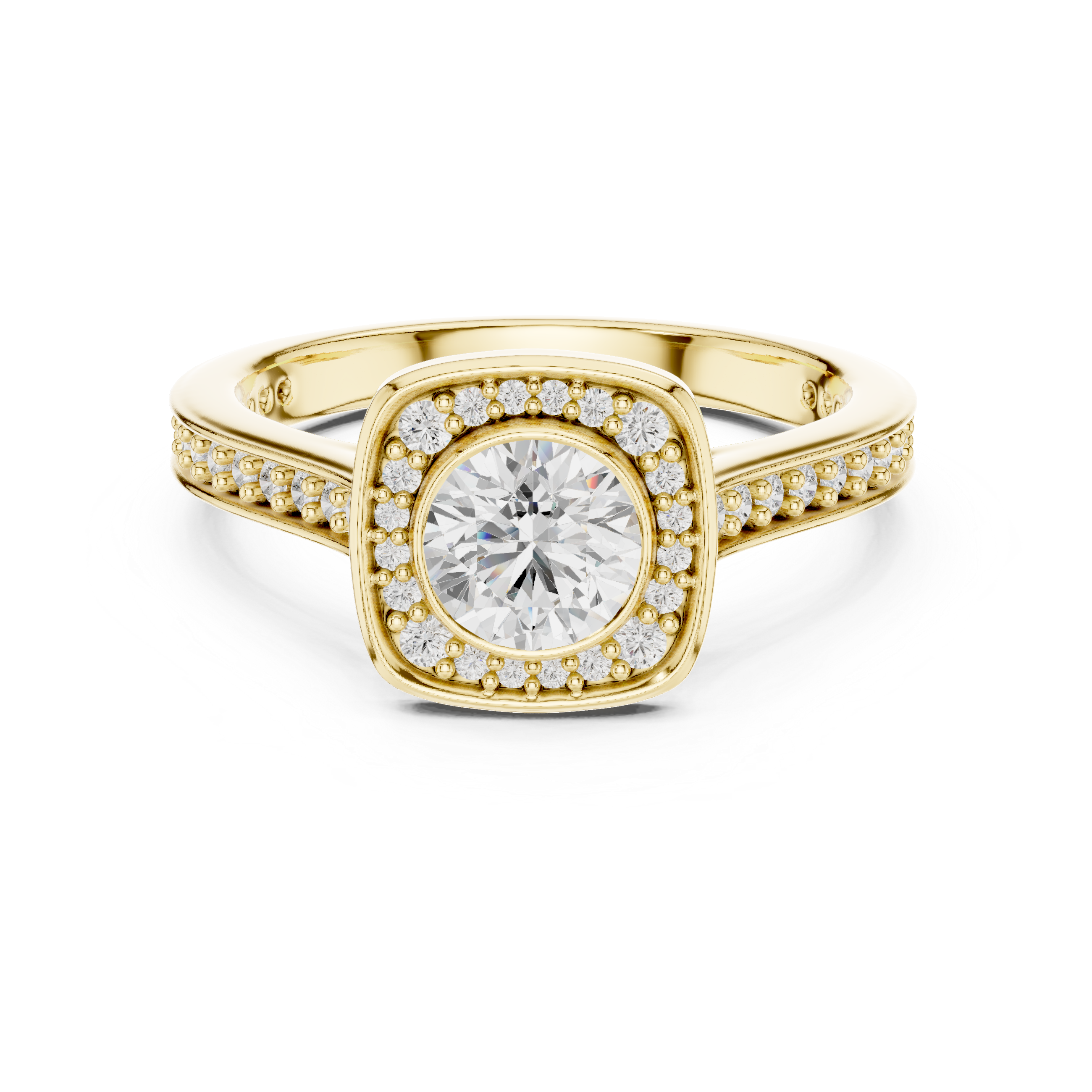 Bezel-Set Diamond Halo Engagement Ring with Channel-Set Band.