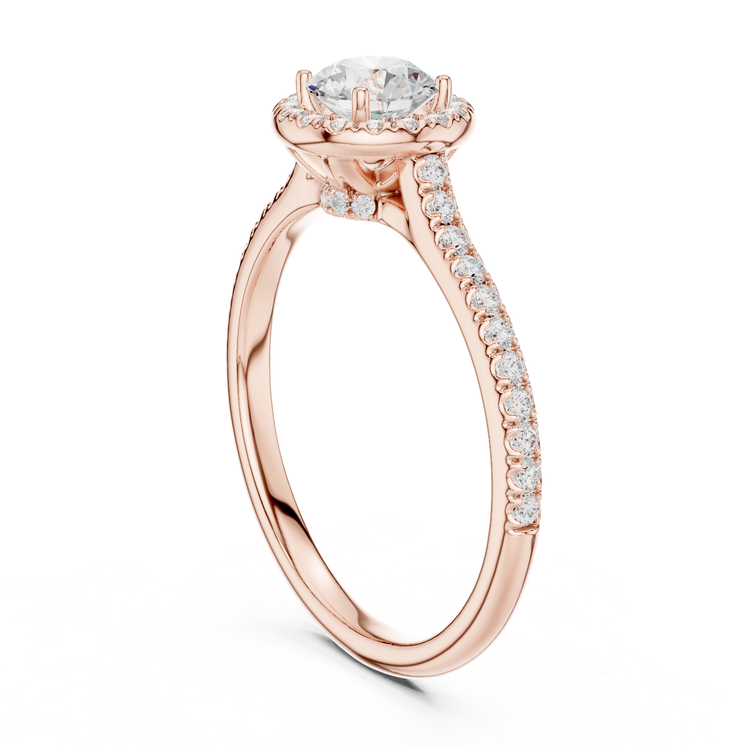 Classic Round Diamond Halo Engagement Ring with Pav?-Set Band.