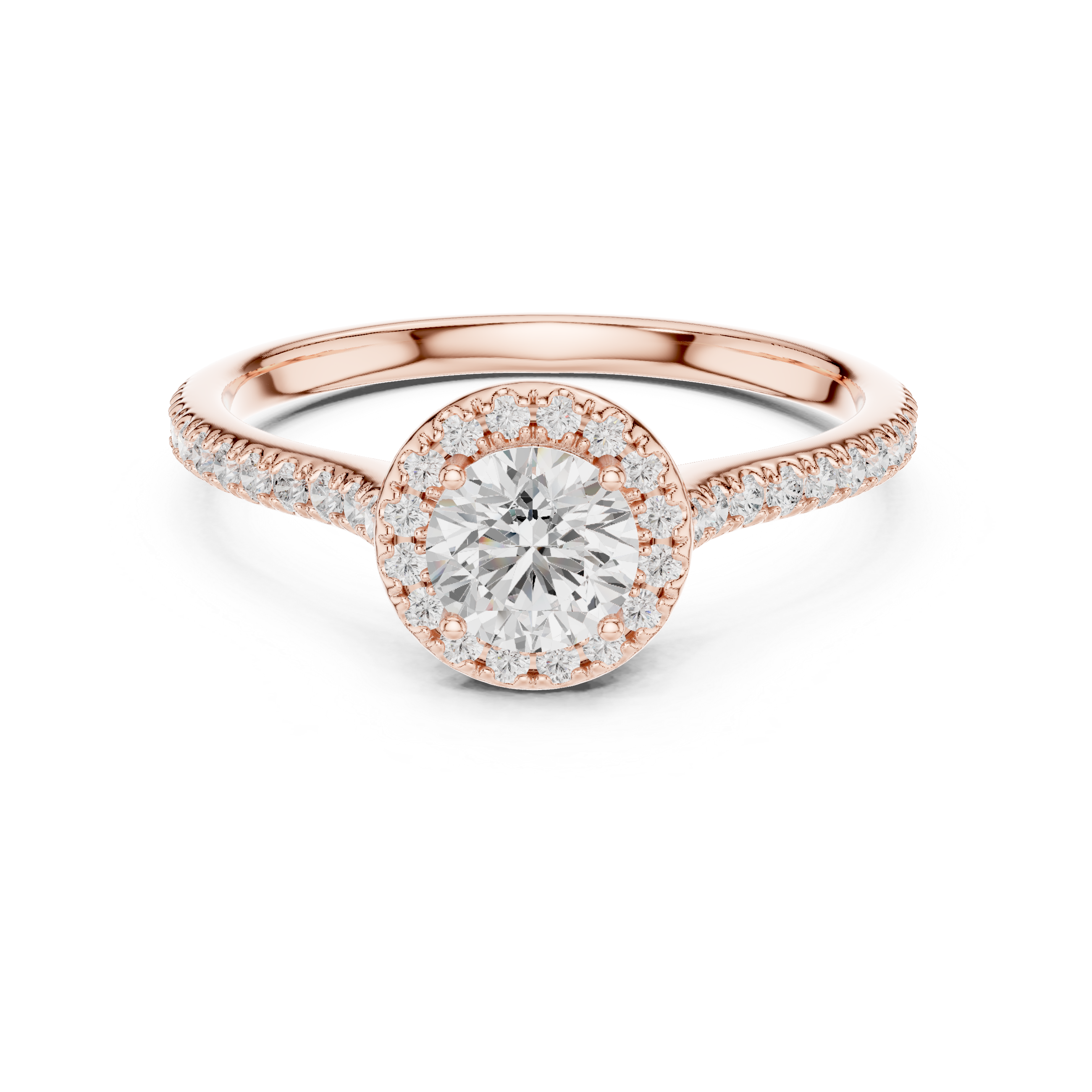 Classic Round Diamond Halo Engagement Ring with Pav?-Set Band.