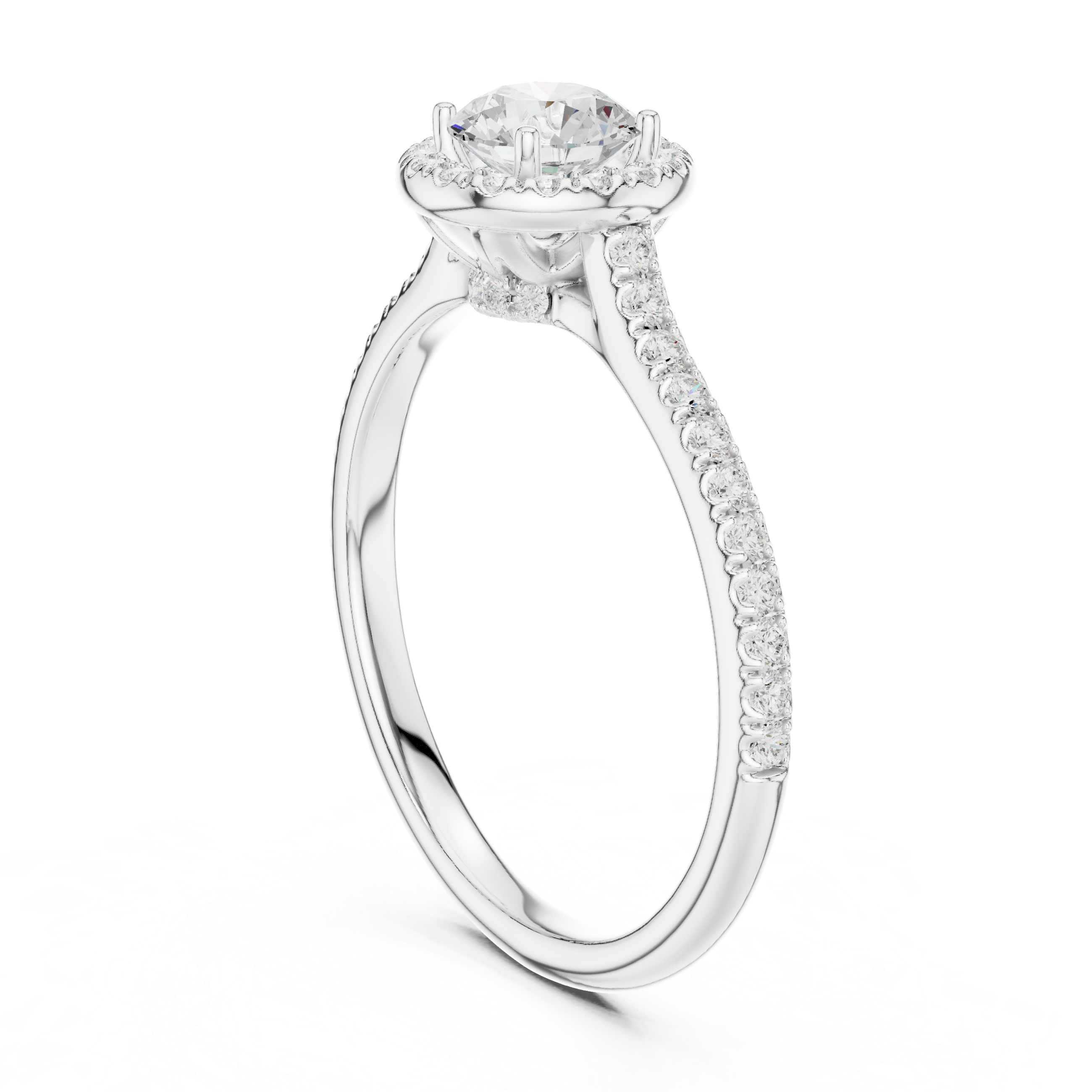 Classic Round Diamond Halo Engagement Ring with Pav?-Set Band.