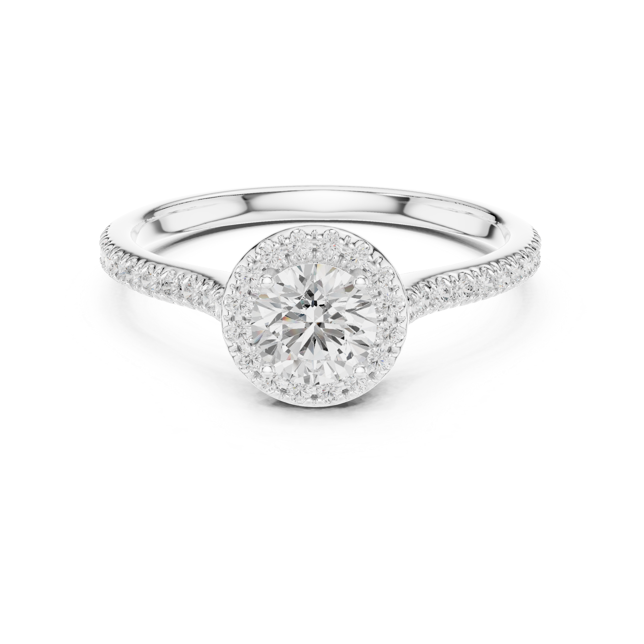 Classic Round Diamond Halo Engagement Ring with Pav?-Set Band.