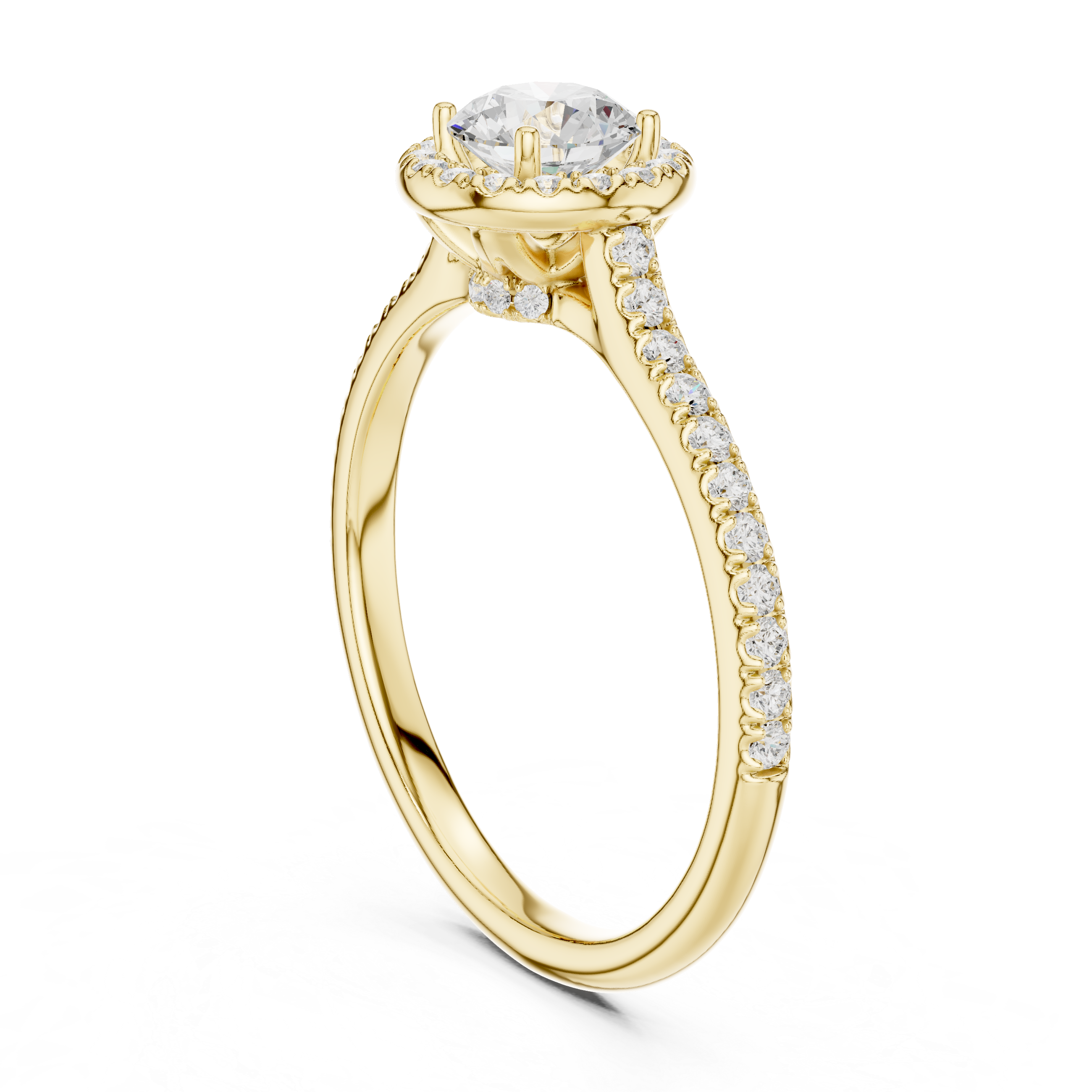 Classic Round Diamond Halo Engagement Ring with Pav?-Set Band.