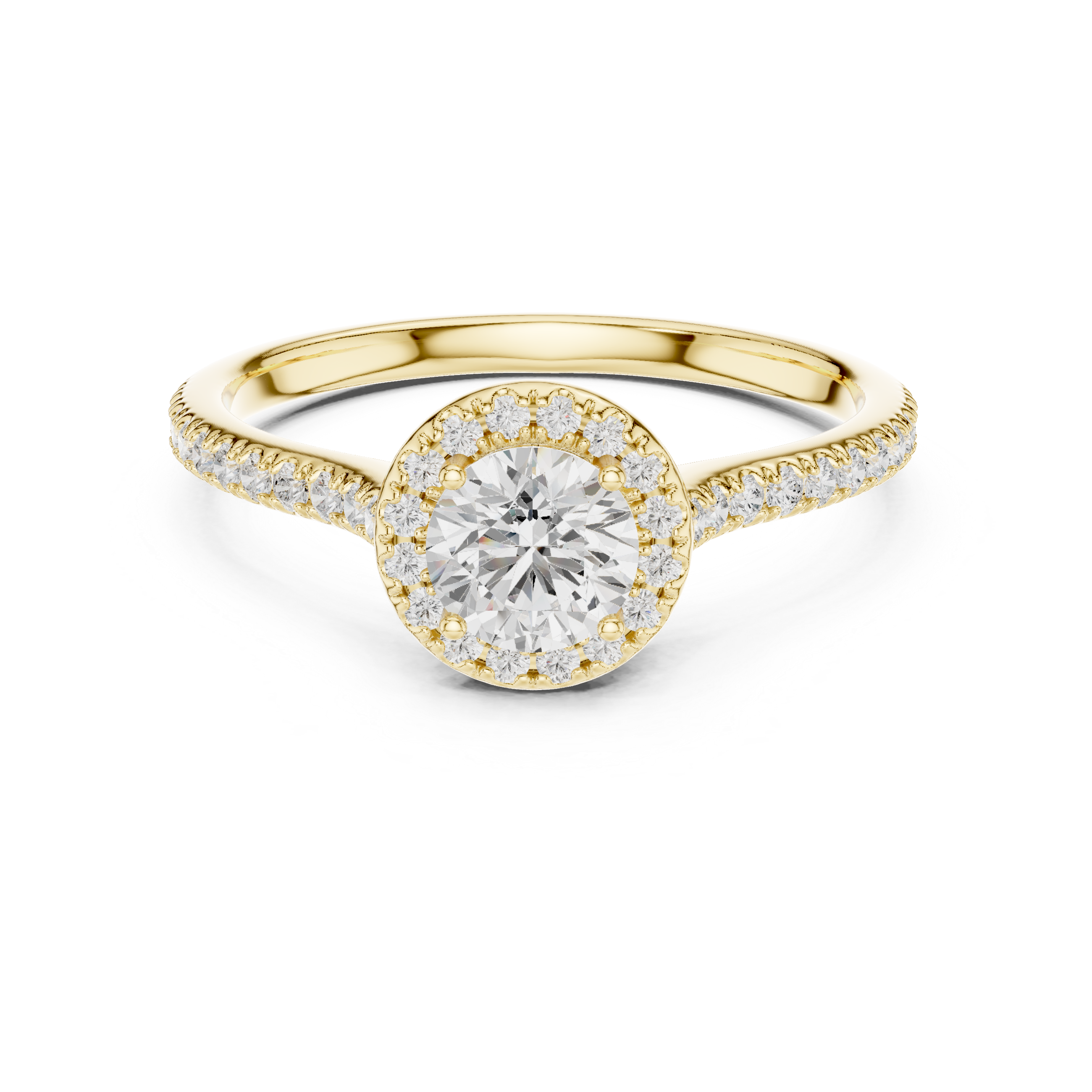 Classic Round Diamond Halo Engagement Ring with Pav?-Set Band.