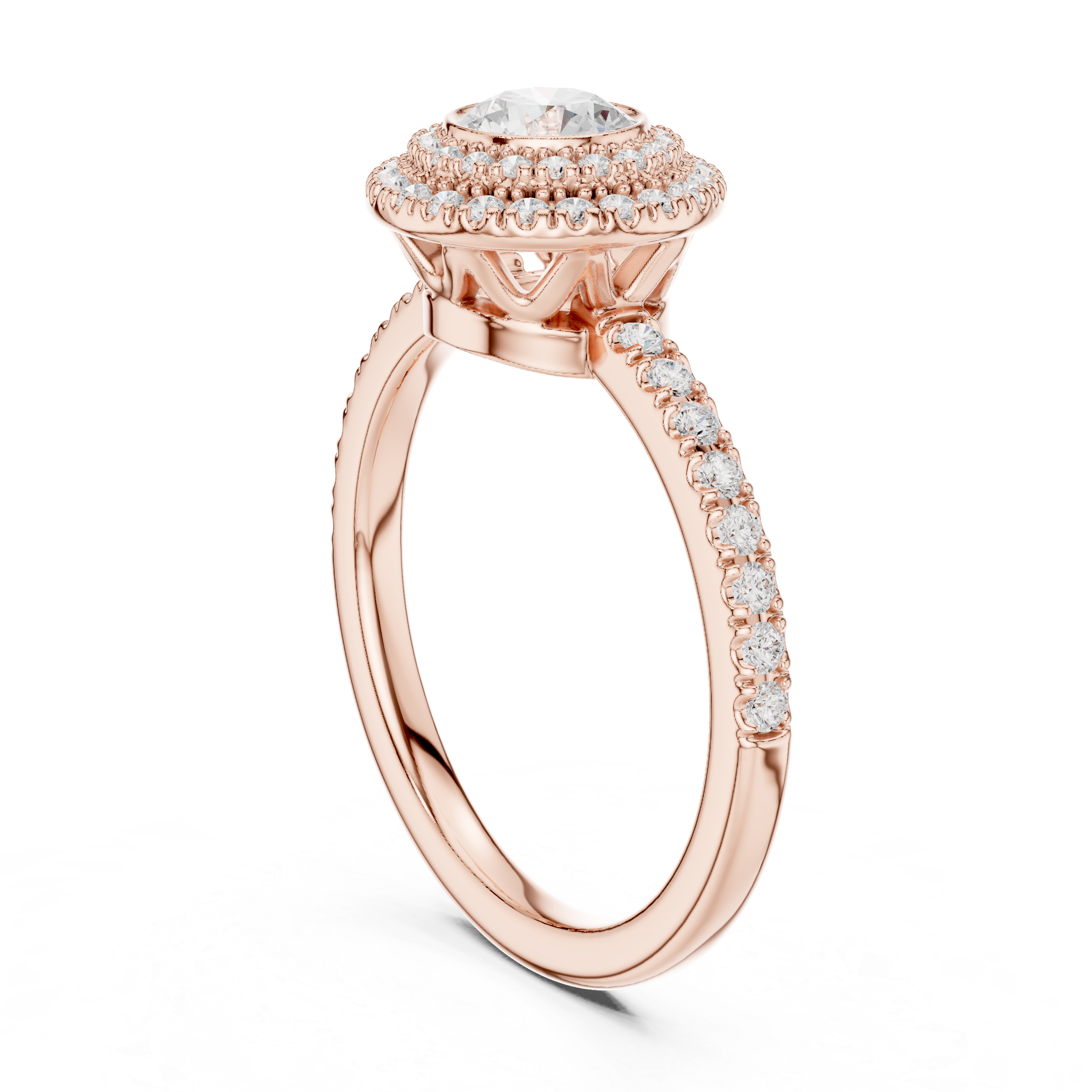 Double Halo Round Diamond Engagement Ring with Pav? Band.