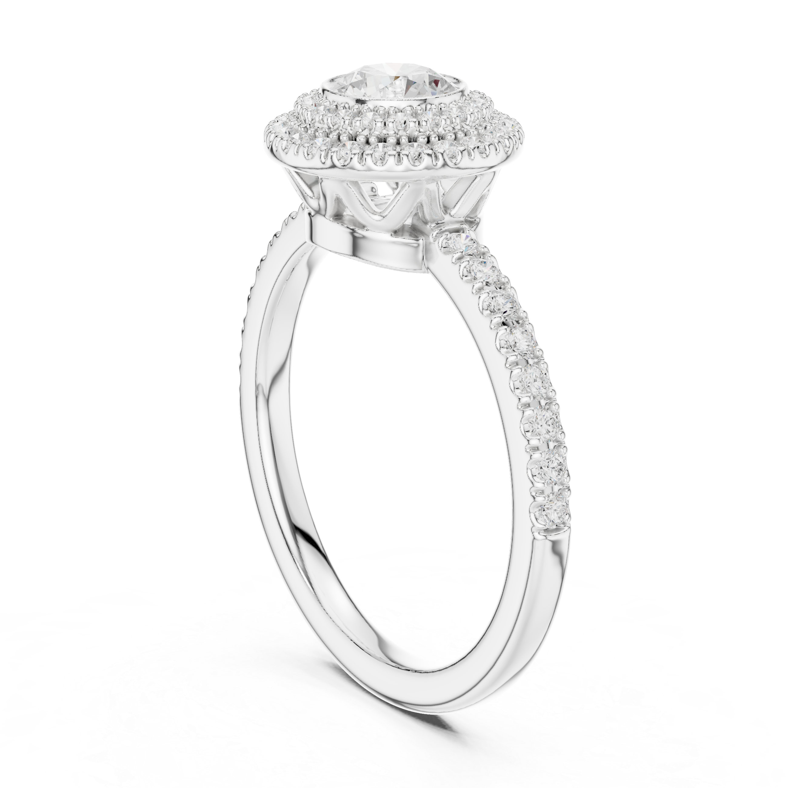 Double Halo Round Diamond Engagement Ring with Pav? Band.