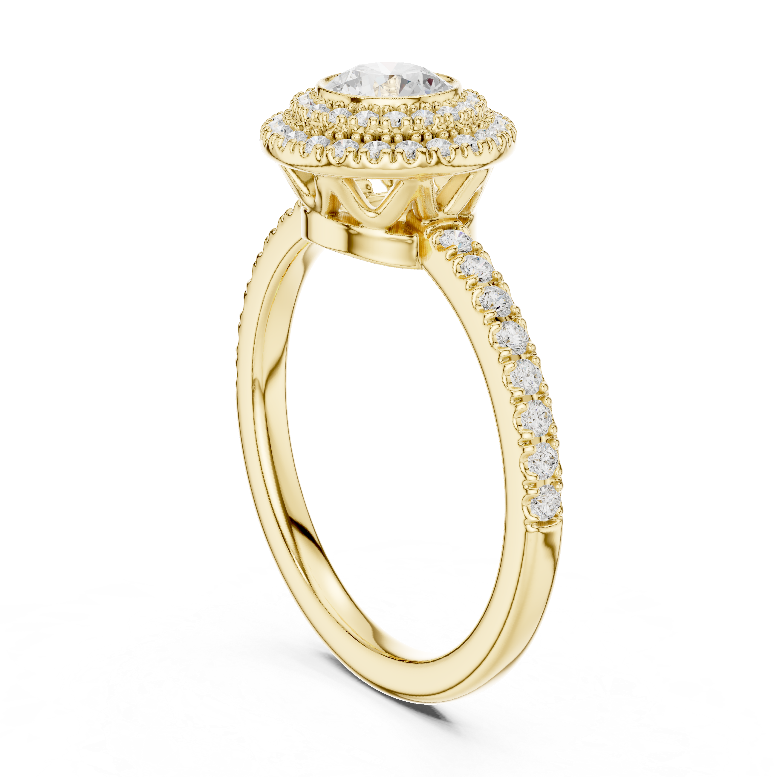 Double Halo Round Diamond Engagement Ring with Pav? Band.