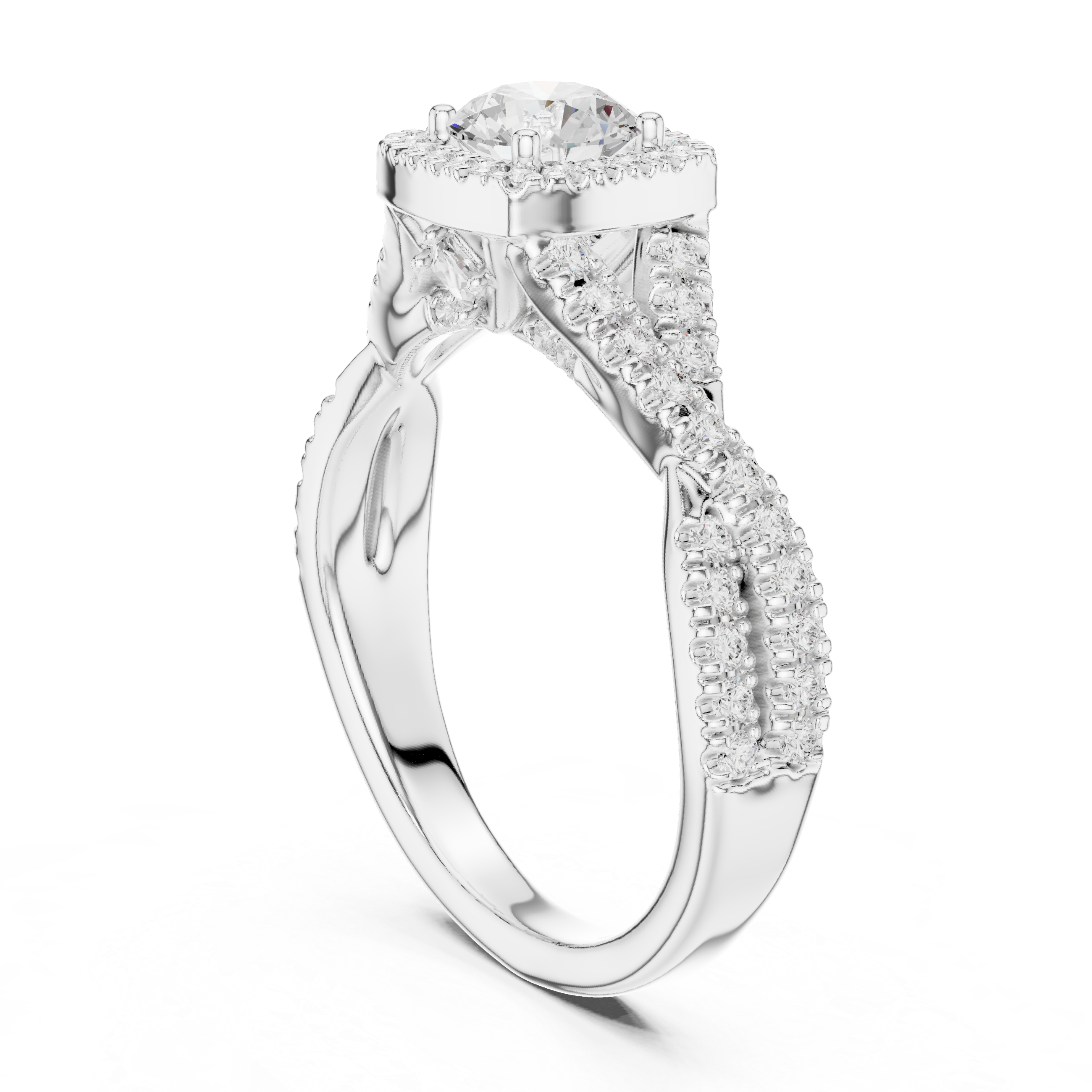 Square Halo Engagement Ring with Crisscross Diamond Band