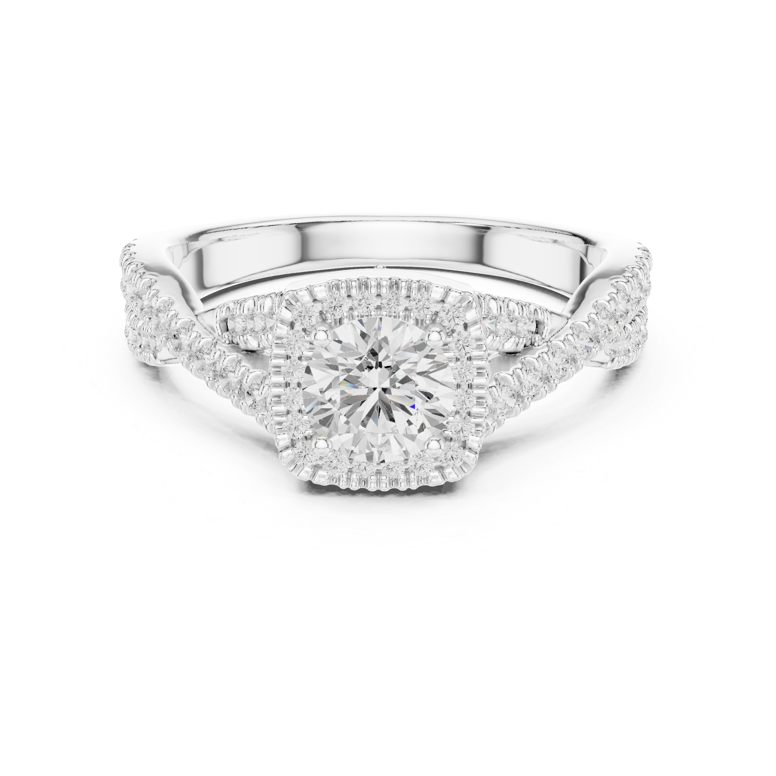 Square Halo Engagement Ring with Crisscross Diamond Band