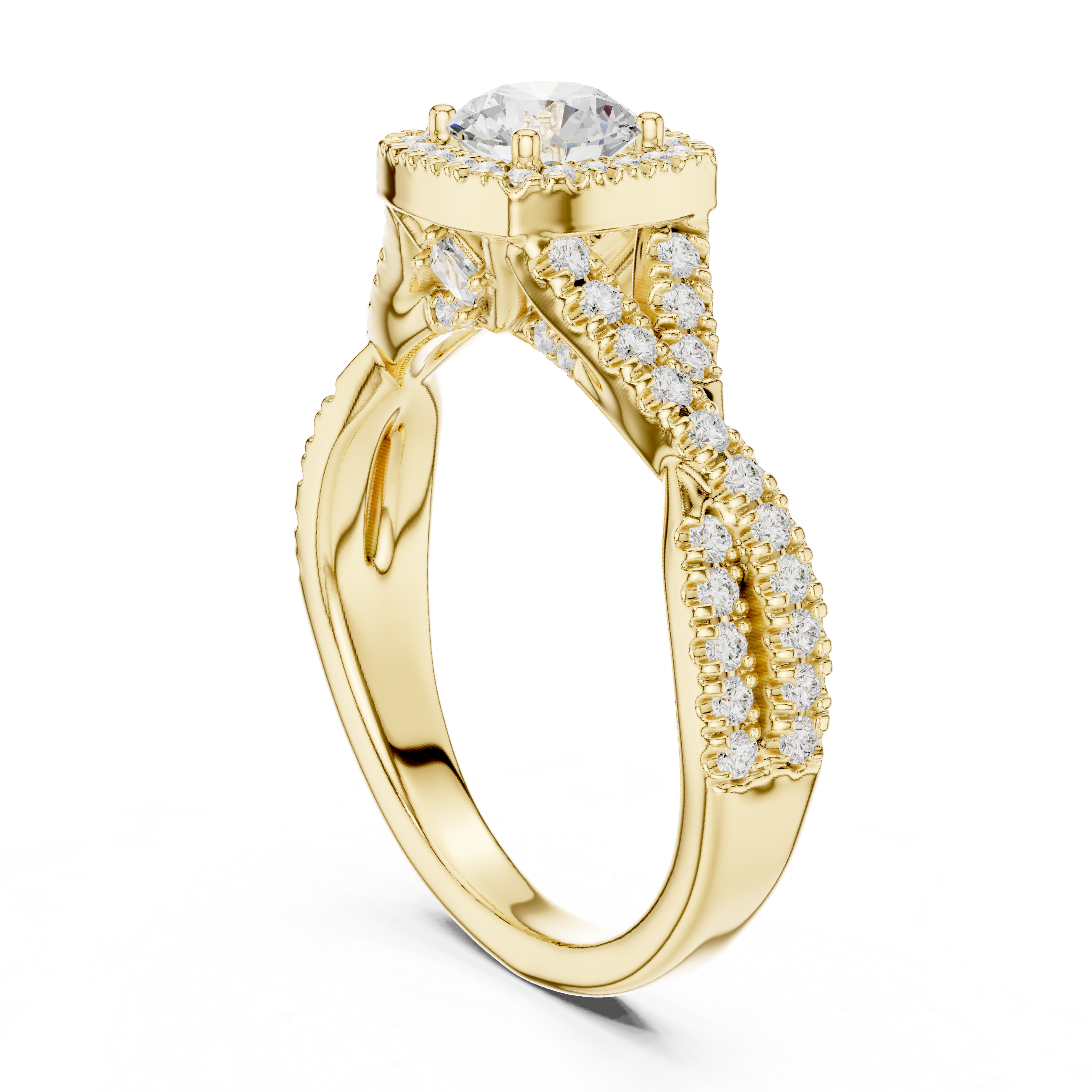 Square Halo Engagement Ring with Crisscross Diamond Band