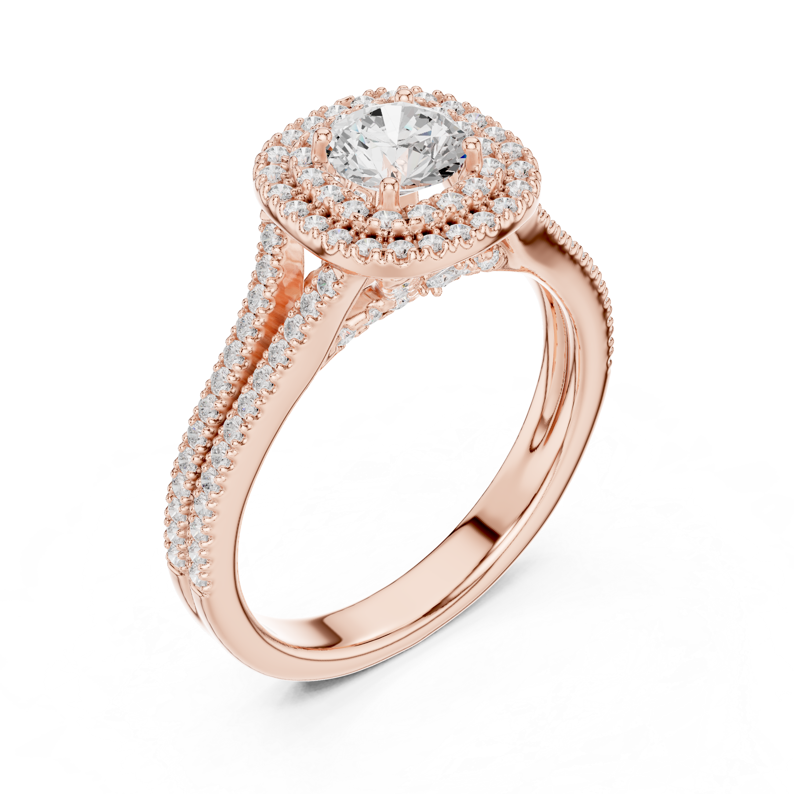 Round Double Halo Engagement Ring with Split Double Pav? Band.