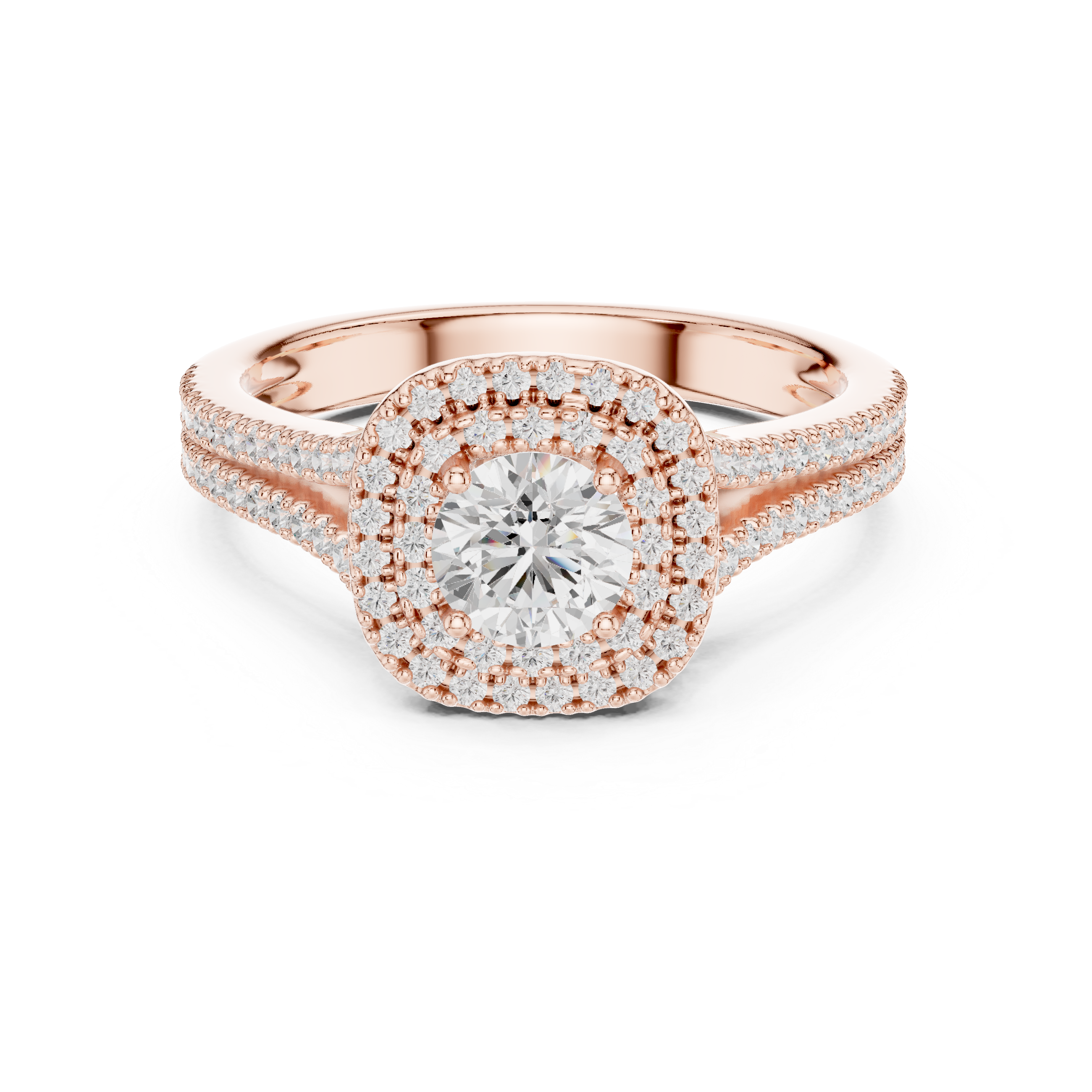 Round Double Halo Engagement Ring with Split Double Pav? Band.