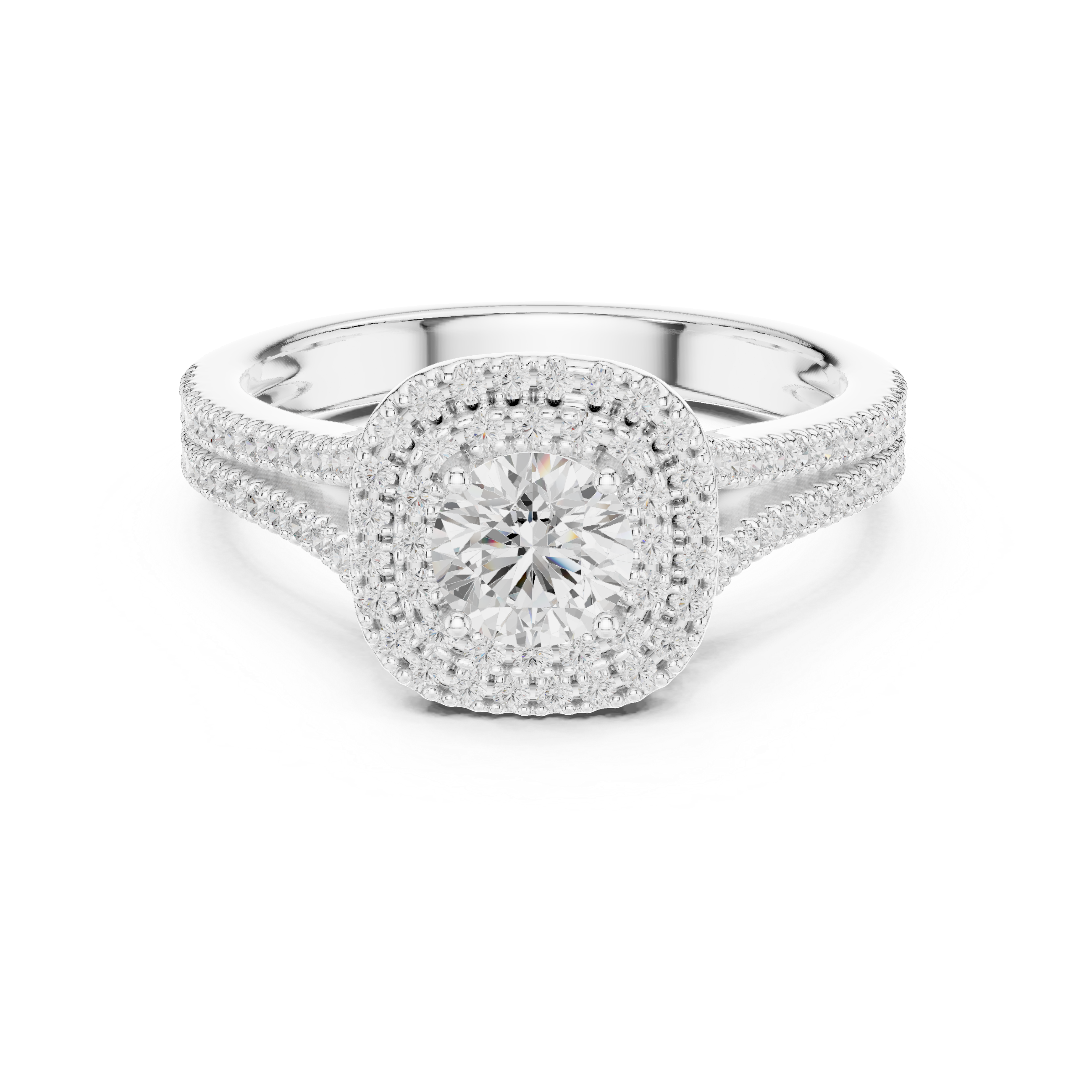 Round Double Halo Engagement Ring with Split Double Pav? Band.