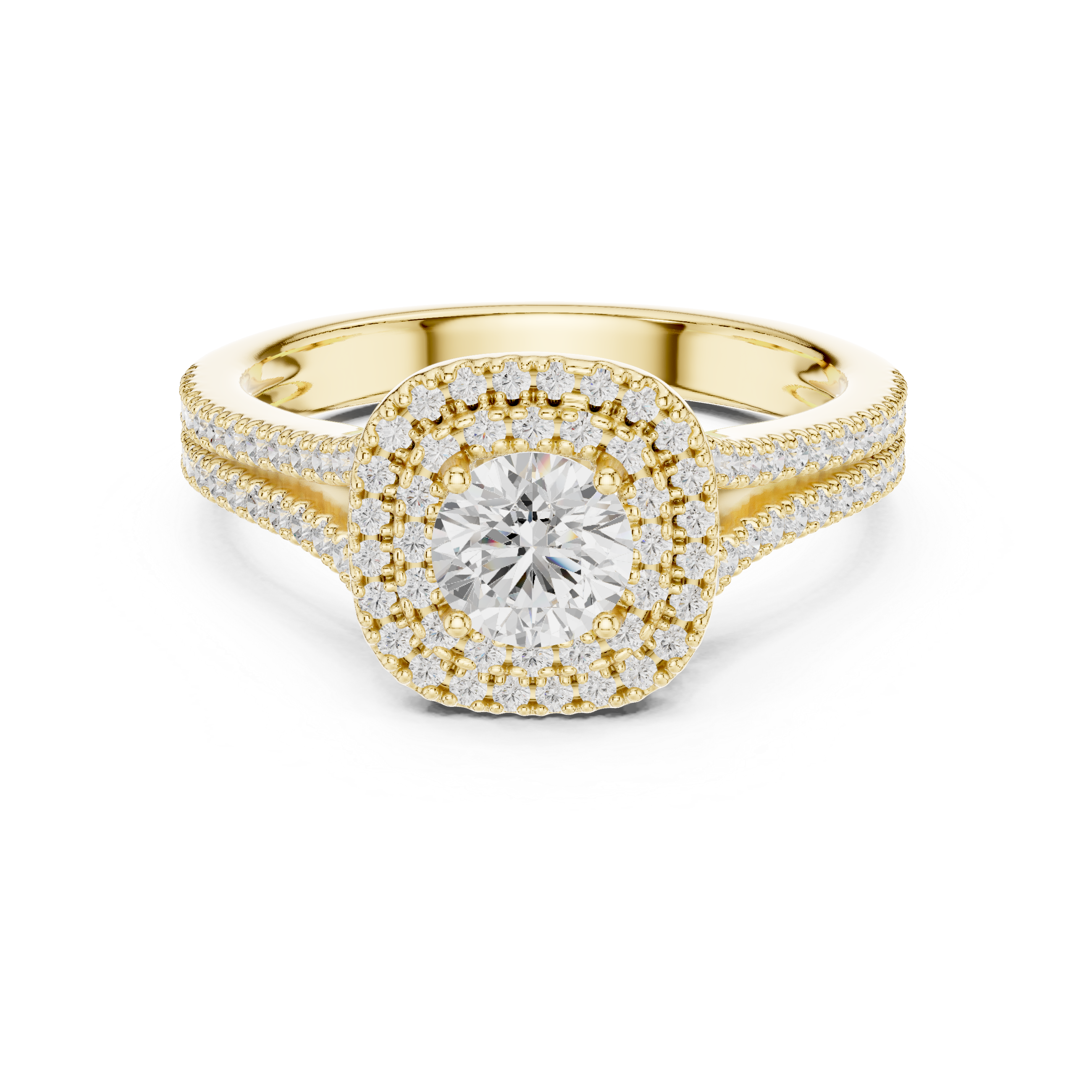 Round Double Halo Engagement Ring with Split Double Pav? Band.