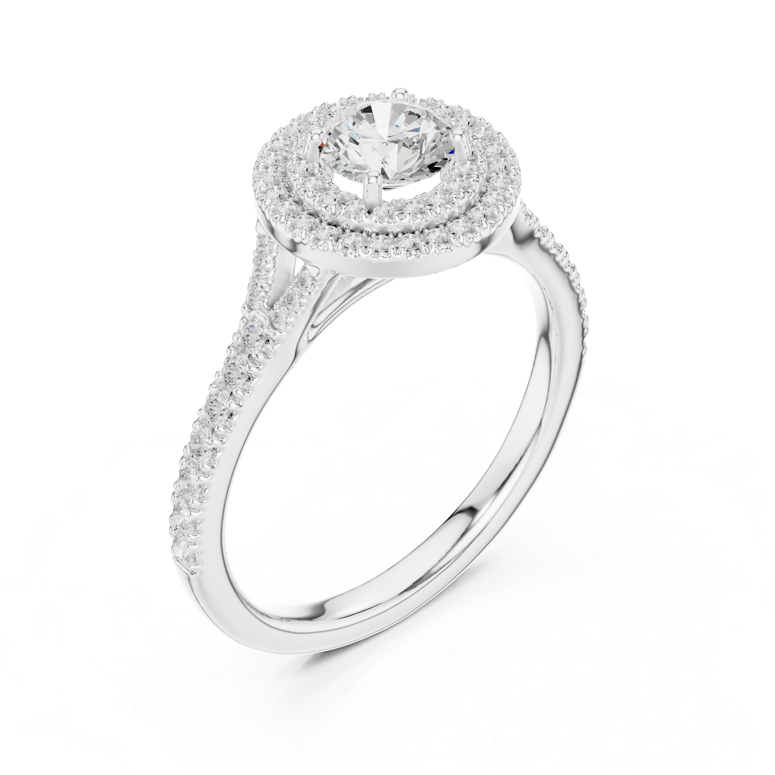 Round Diamond Halo Engagement Ring with Tapered Pav? Band.