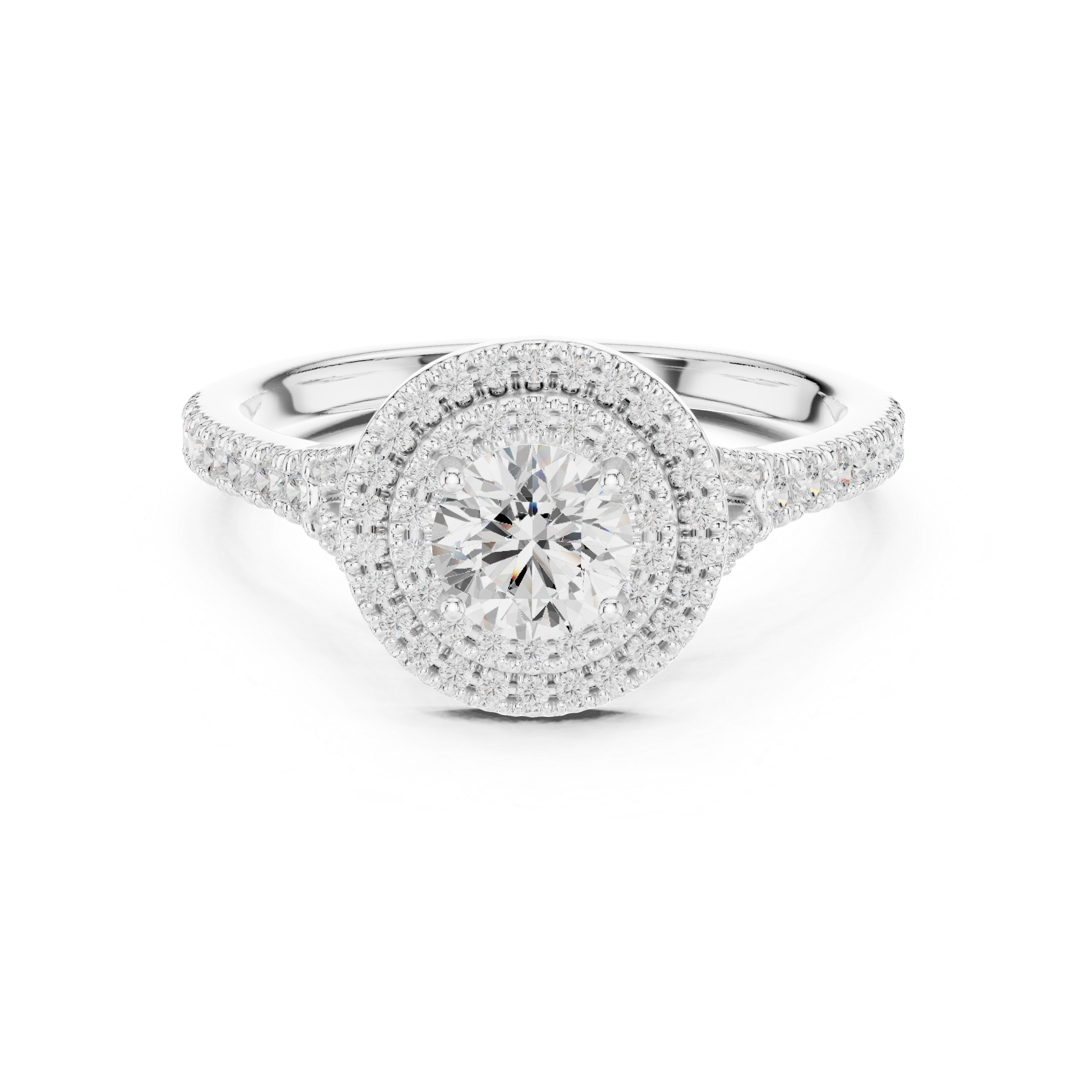 Round Diamond Halo Engagement Ring with Tapered Pav? Band.