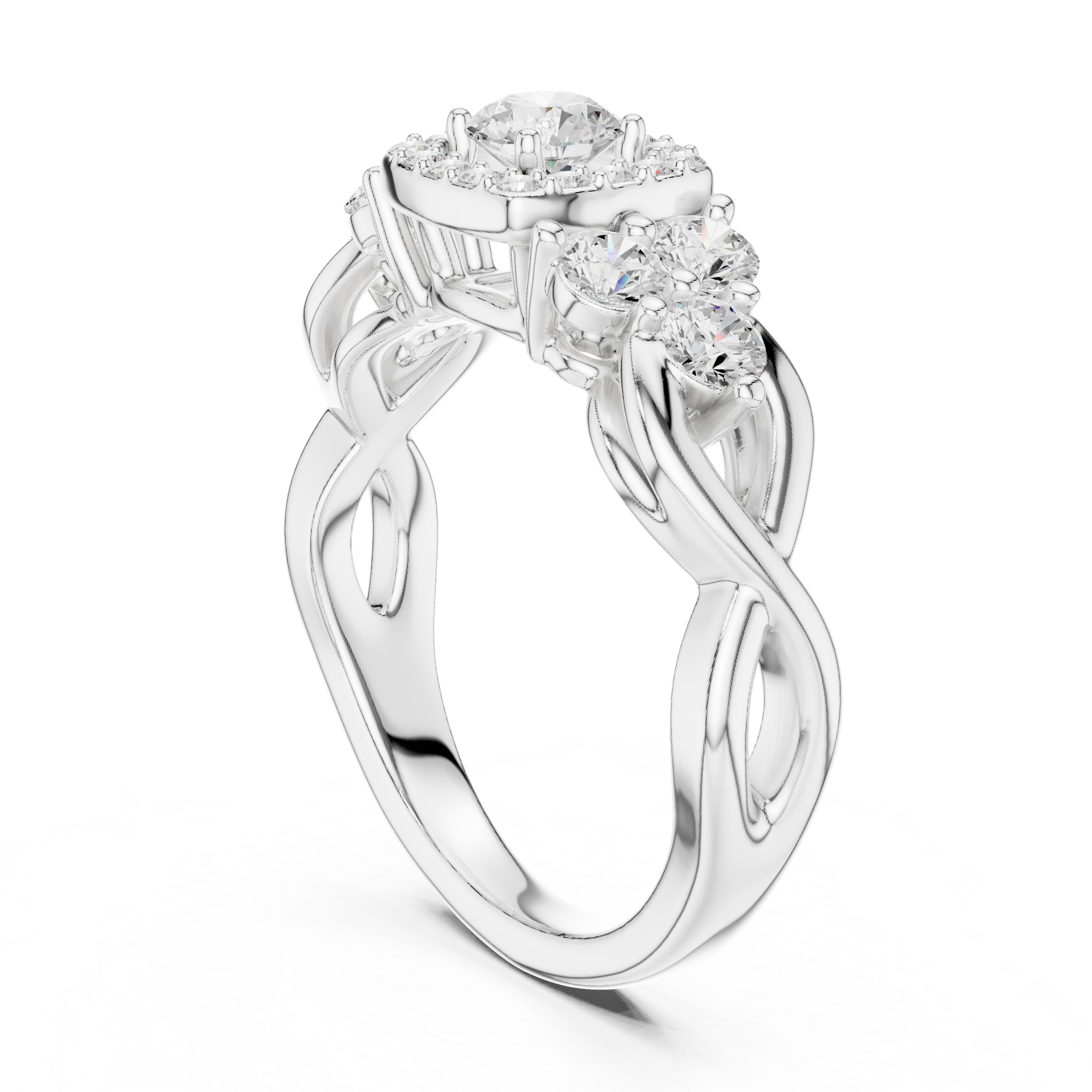 Ring with Trio Side Stones and Intertwined Band.