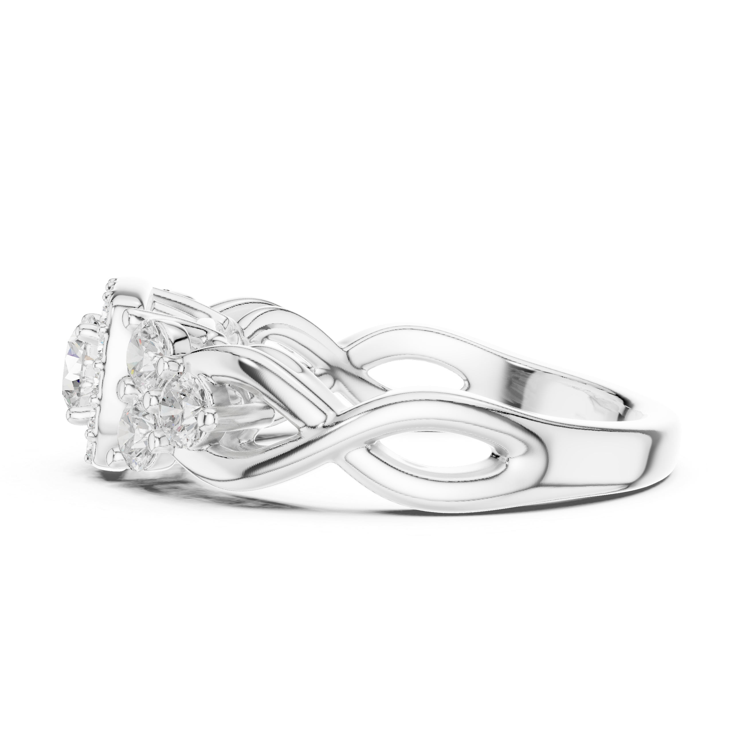 Ring with Trio Side Stones and Intertwined Band.