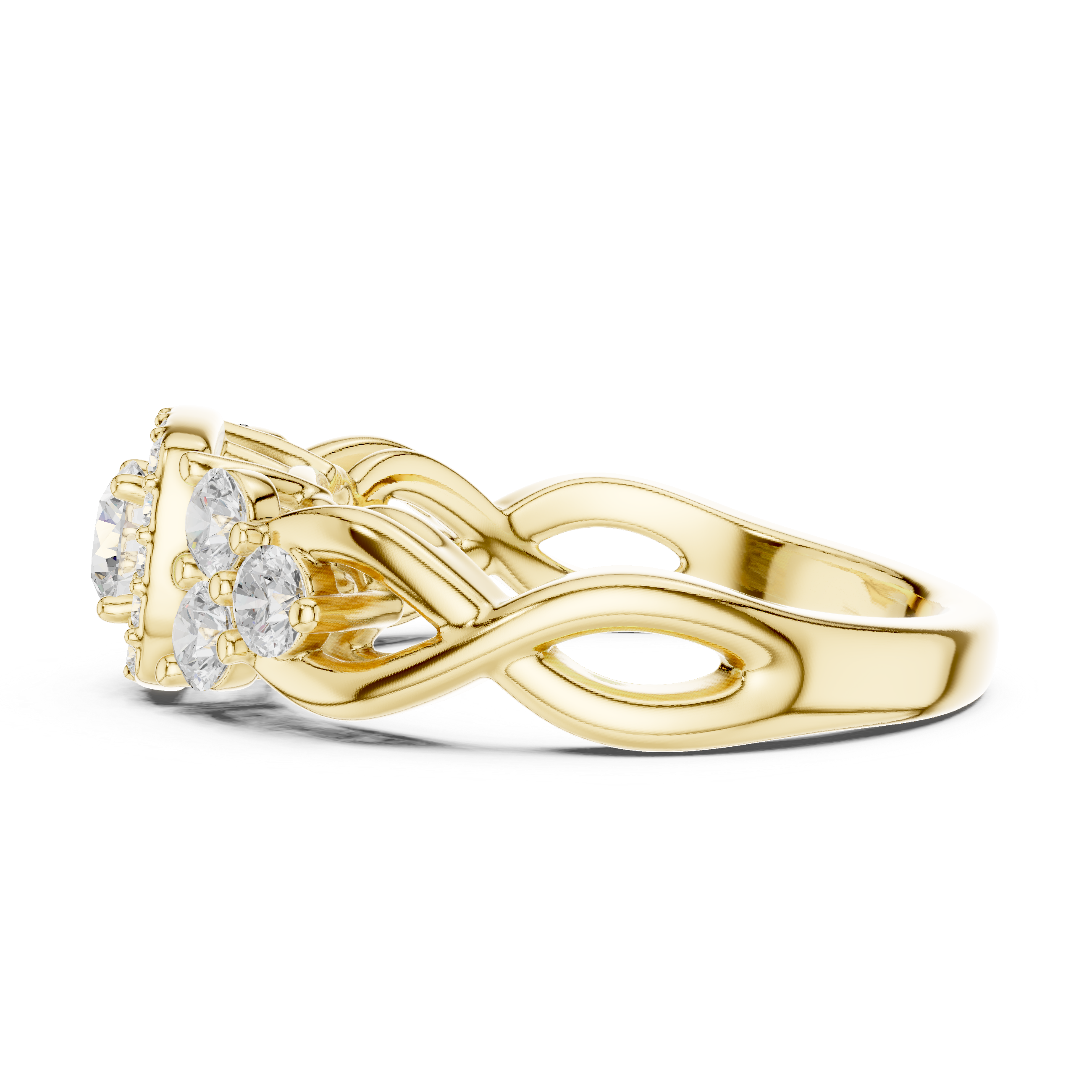 Ring with Trio Side Stones and Intertwined Band.